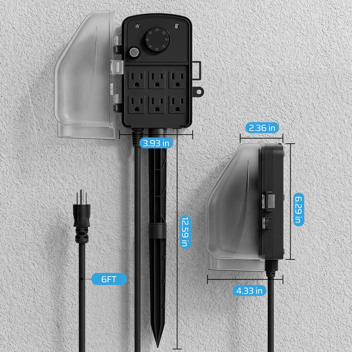 DEWENWILS Outdoor Power Stake Timer, Dusk to Dawn, 6 Grounded Outlets, 15A Mechanical Knob Control, 6FT Extension Cord, Waterproof Safety Cover, Power Strip with Timer for Outdoor Lights, Pool Pump