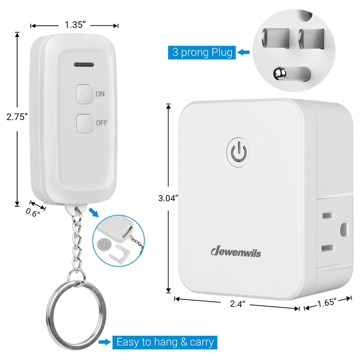 DEWENWILS Remote Control Outlet with 2 Remotes, No Interference Wireless Remote Outlet Light Switch with 2 Side Outlets, 15A/1875W, 100ft RF Range