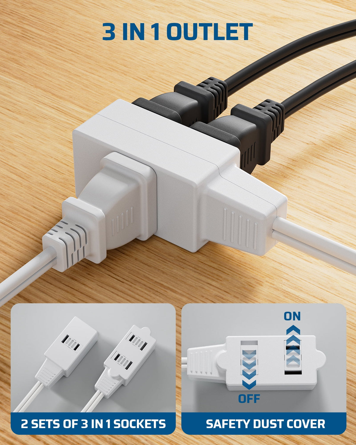 DEWENWILS 12 FT Extension Cord with Foot Switch, 2-Prong 3 Outlets, 16AWG/2C for Indoor Use, 13A/1625W Extension Cord Splitter with Lights, White