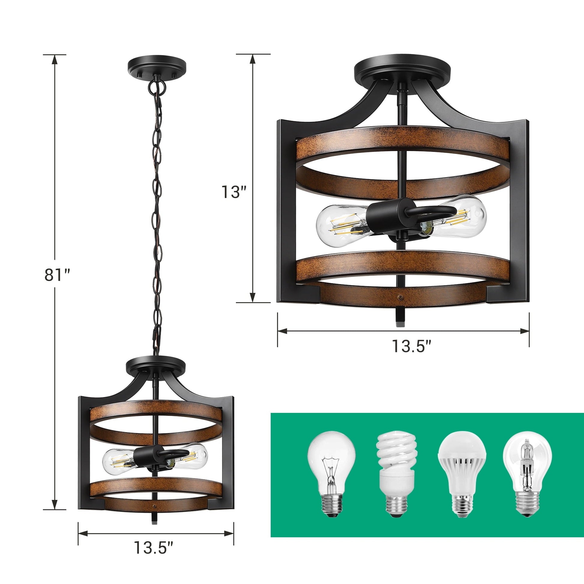 EDISHINE Ceiling Pendant Light, Farmhouse Ceiling Light Fixture, Metal Wood Grain Finish, 2-Light Pendant Light Fixtures for Hallway, Entryway, Foyer, Dining Room