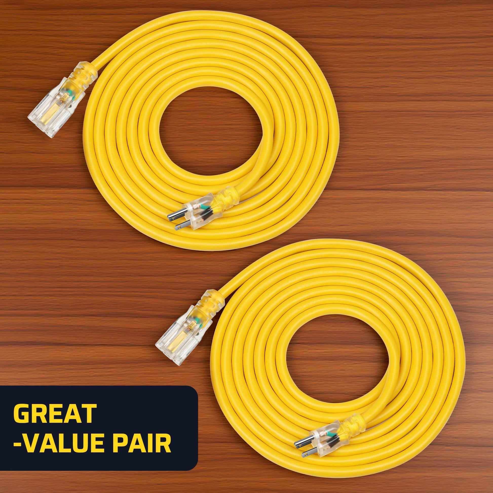 DEWENWILS 2 Pack 15ft Yellow Extension Cord 16/3 Gauge 3 Prong Outlet with Indicator Light SJTW