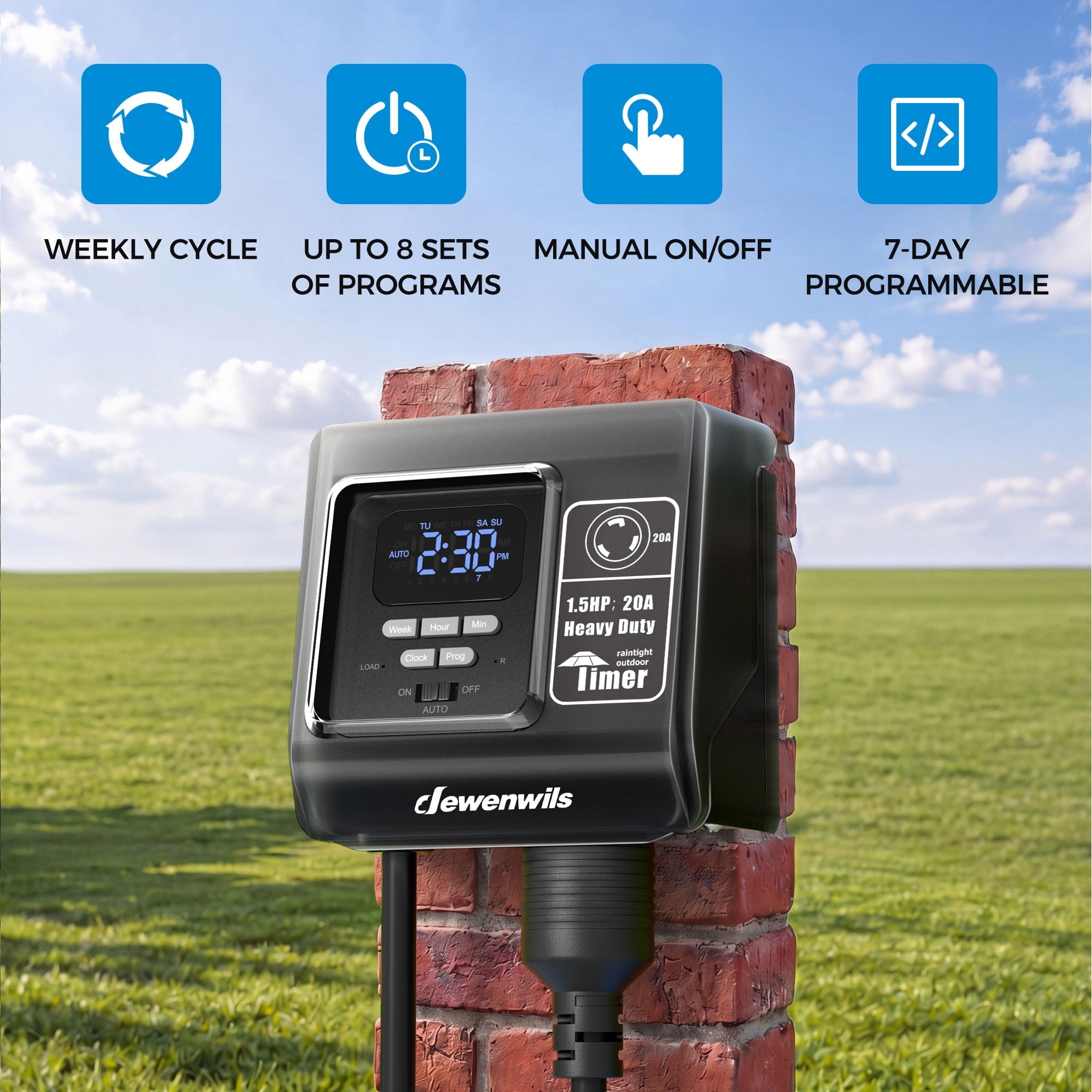 DEWENWILS Digital Pool Timer, L5-20R Twist-Lock Plug-In Outdoor Timer, 7-Day Programmable 16 ON/OFF, 20A 120V 1.5HP Heavy Duty Weatherproof Timer for Pool Pumps, Heaters & Lights