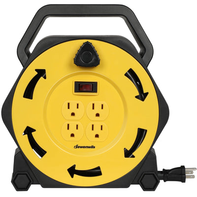 DEWENWILS 25ft Extension Cord Reel, Hand Wind Retractable, 16/3 AWG SJTW, 4 Grounded Outlets, 13 Amp Circuit Breaker, Yellow, Black-F2HCRB25A