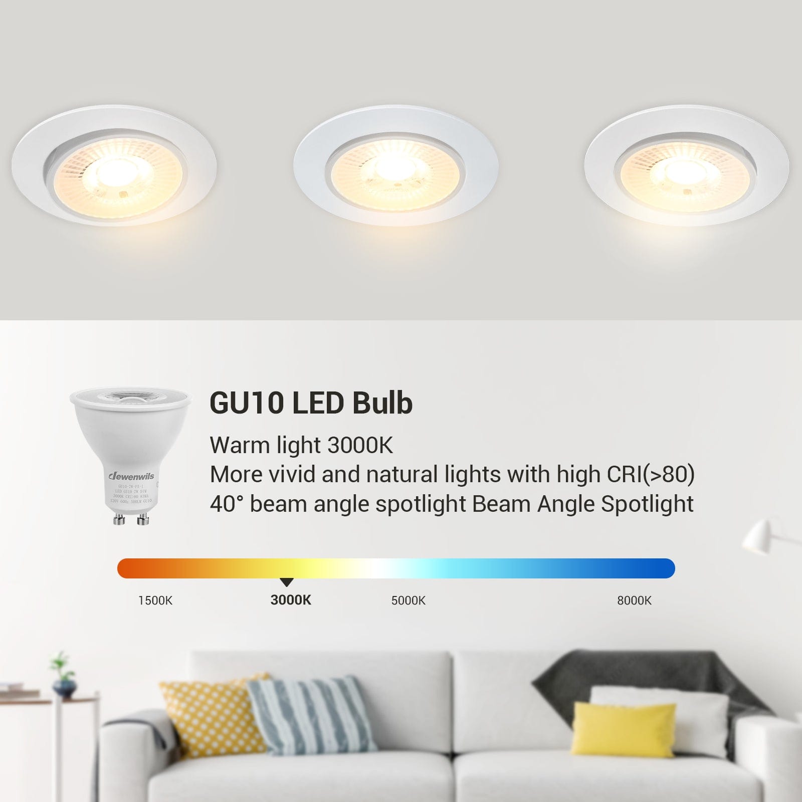 DEWENWILS Warm White Light GU10 LED Dimmable Bulb, 500LM, 3000K Track Light Bulb, 7W(50W Equivalent) Two Prong Light Bulb for Kitchen Range Hood, Living Room, Bathroom, Bedroom (6 Pack)-HDGU10E