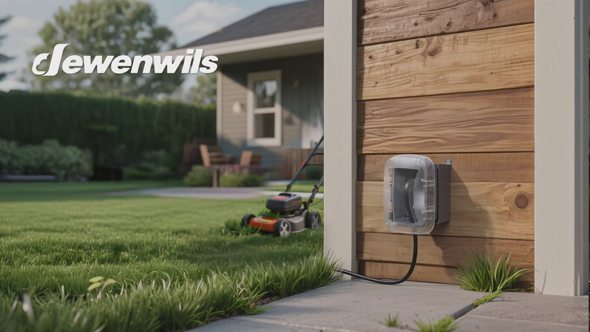 Load video: DEWENWILS 20A Outdoor Outlet Box, Heavy Duty GFCI Outlet Kit with Self Test, WR/TR, NEMA 5-20R Outdoor Electrical Box for Garden, Yard, Sports Field, White - HPCB20A