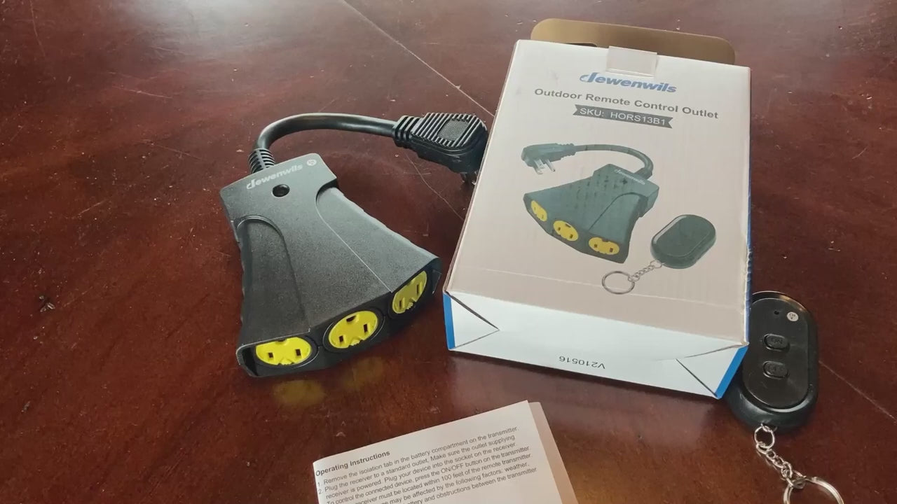 Load video: DEWENWILS Waterproof 100ft Wireless Remote Control Outlet, 3 Heavy Duty Outlets--SHORS13B1