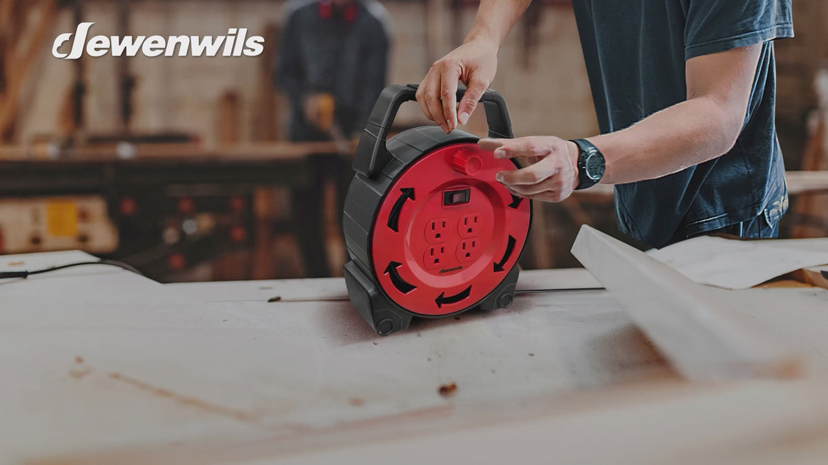 Load video: DEWENWILS 30ft Extension Cord Reel, Hand Wind Retractable, 16/3 AWG SJTW, 4 Grounded Outlets, 13 Amp Circuit Breaker, Red Black-SHCRB30B