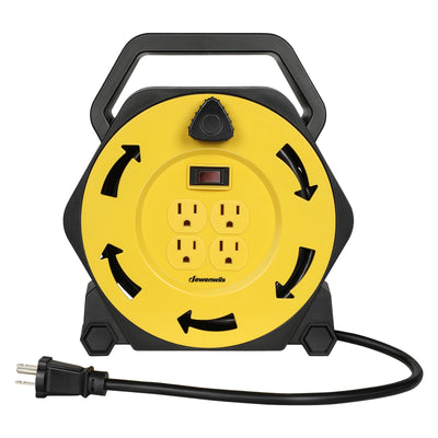 DEWENWILS 25ft Extension Cord Reel, Hand Wind Retractable, 16/3 AWG SJTW, 4 Grounded Outlets, 13 Amp Circuit Breaker, Yellow, Black-HCRB25A