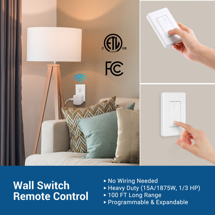 DEWENWILS Wireless Light Switch and Receiver Kit, No in-Wall Wiring  Required, Remote Control Switch Lighting Fixture for Ceiling Lights, Fans,  Lamps,100 Ft RF Range, Programmable 