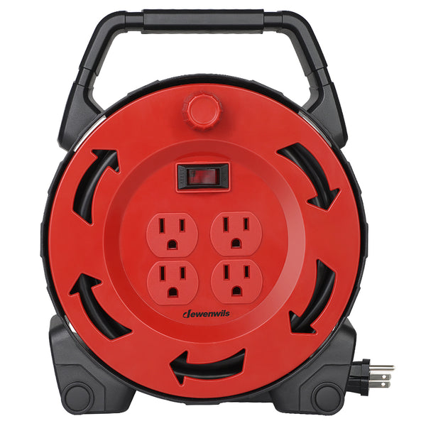 DEWENWILS Extension Cord Reel with 30 FT Power Cord, Hand Wind Retractable, 16/3 AWG SJTW, 4 Grounded Outlets, 13 Amp Circuit Breaker, Red Black-SHCRB30B
