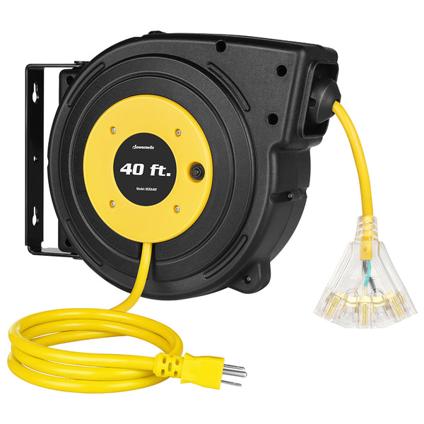 DEWENWILS 40FT Retractable Extension Cord Reel, Heavy Duty Power Cord Reel with 3-Lighted Triple Outlets, 12AWG/3C SJTOW Cord, 15A Circuit Breaker, Wall/Ceiling Mounted, Yellow-SHCRA40F