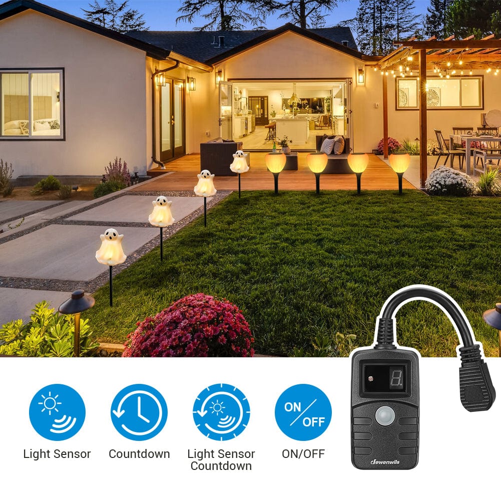 Outdoor Light Timer: Effortlessly automate with Light Sensor, Always ON/OFF, and countdown modes. Provides reliable dusk-to-dawn control for outdoor power.