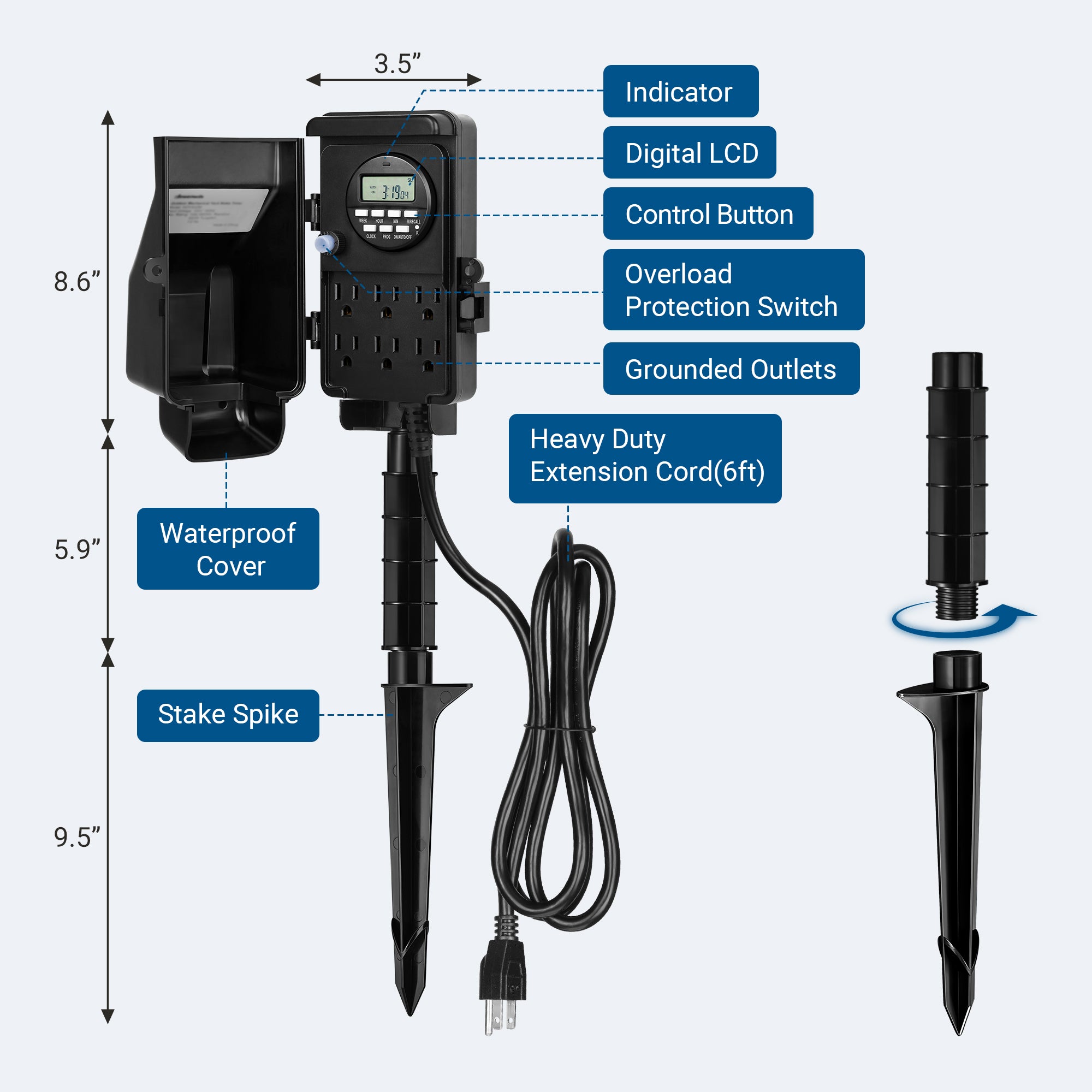Programmable Power Strip Timer DEWENWILS Outdoor Digital Power Stake Timer, Waterproof 6 outlet yard ...