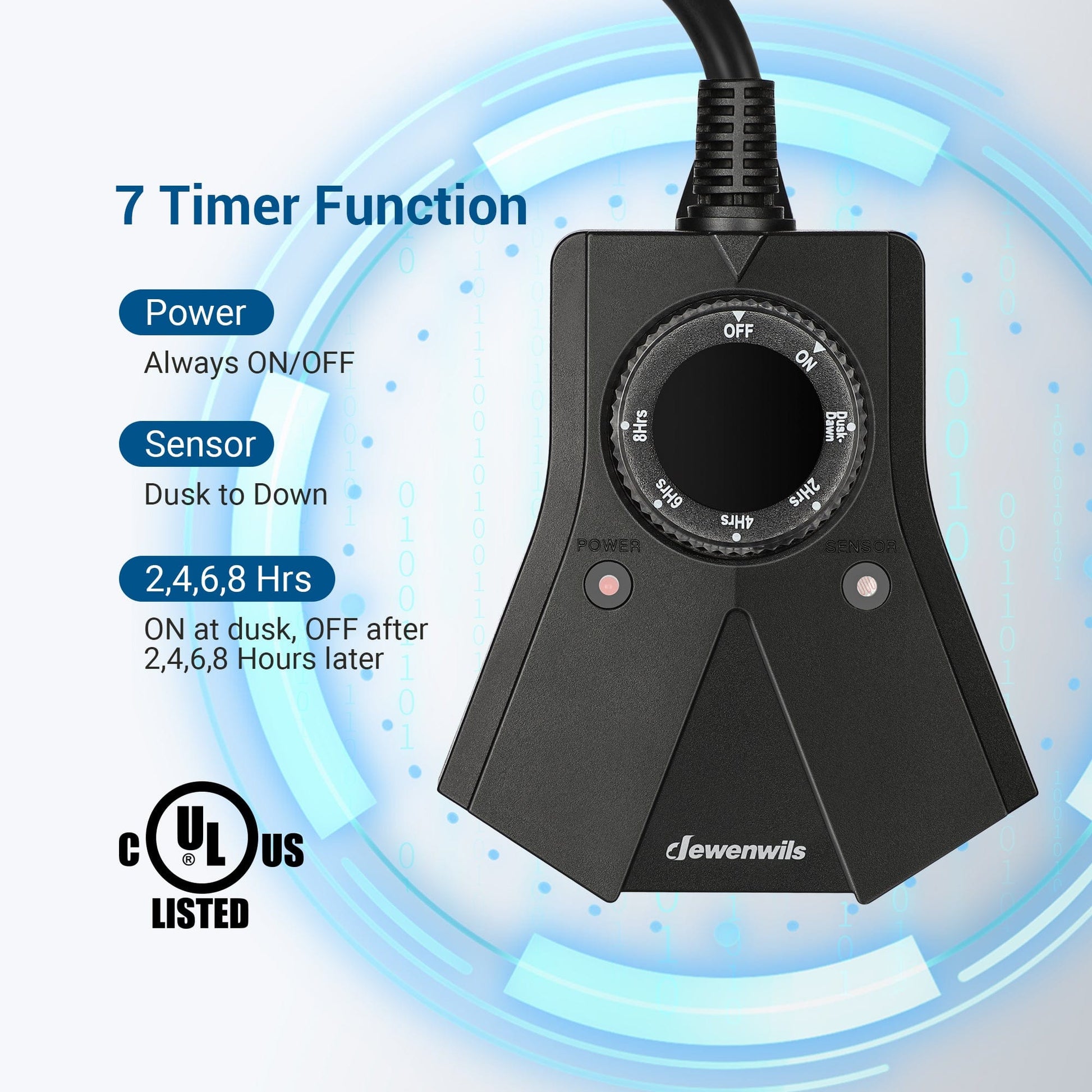 Outdoor Light Timer: Features 7 functions including Always ON/OFF, Dusk-to-Dawn, and 2/4/6/8h countdowns. Effortlessly automate power for your outdoor devices.