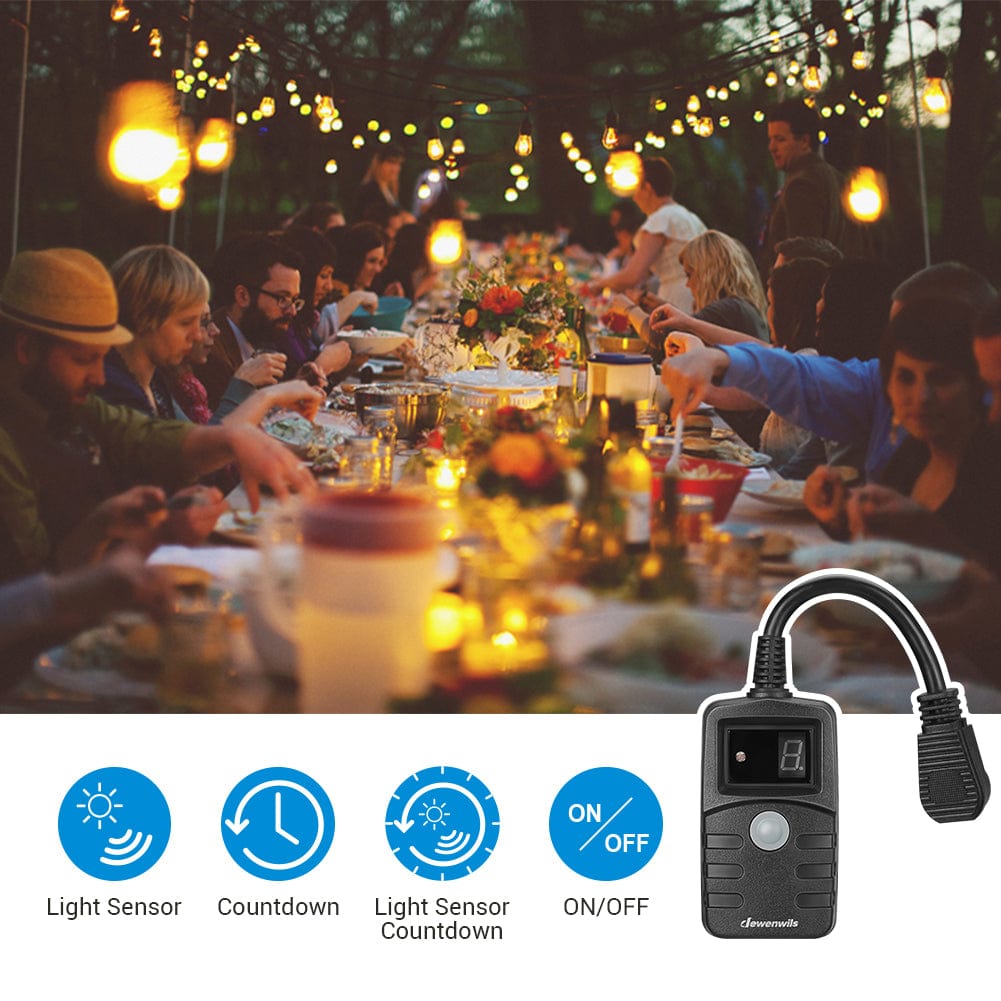 Outdoor Light Timer: Effortlessly automate with Light Sensor, Always ON/OFF, and countdown modes. Provides reliable dusk-to-dawn control for outdoor power.