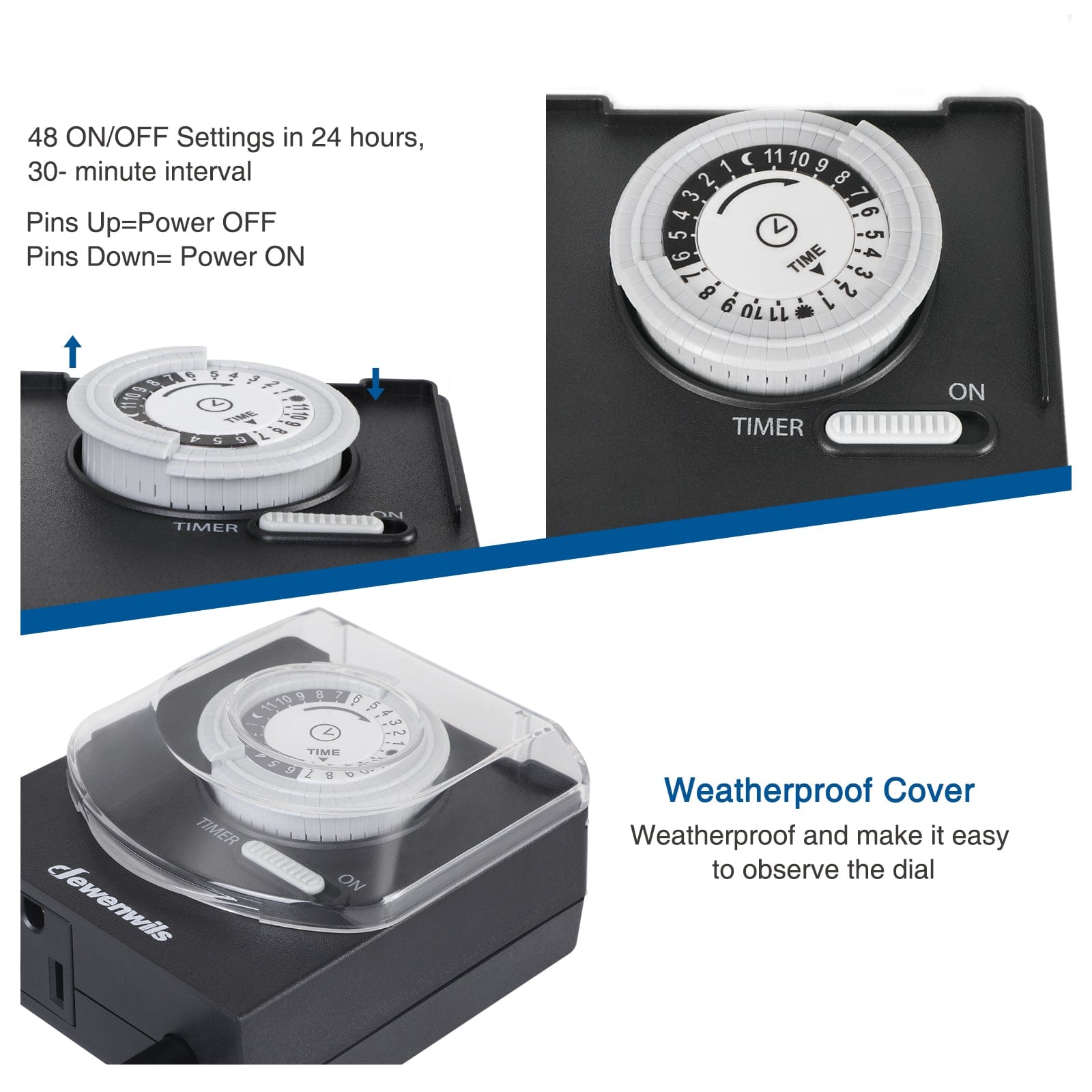 Outdoor Timer: Features 48 daily ON/OFF settings with 30-minute intervals. Includes a weatherproof cover to protect and view the dial, and simple pin control.