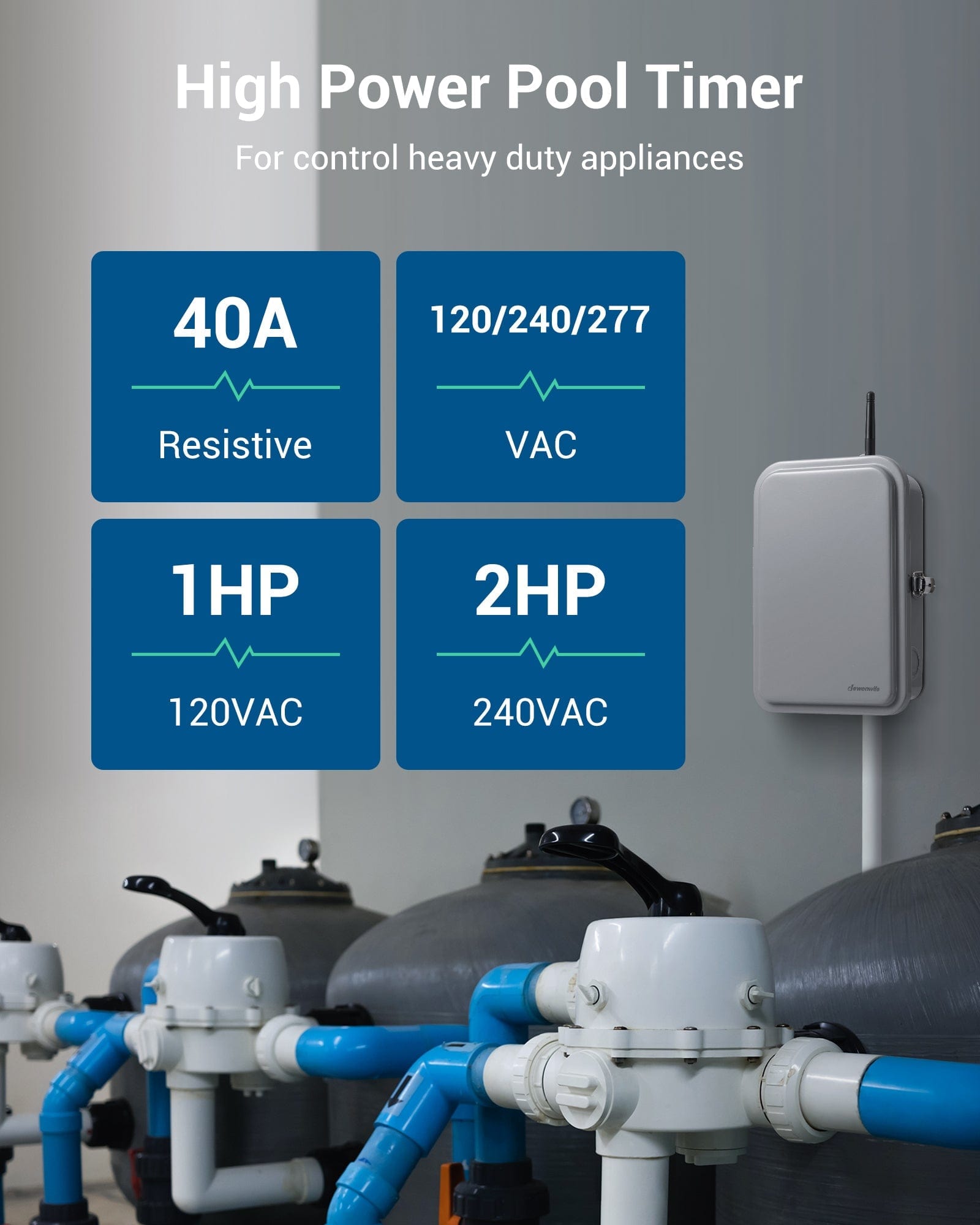 DEWENWILS high power pool pump timer with 40A resistive load, supporting 120/240/277 VAC and up to 2HP for controlling heavy duty appliances.