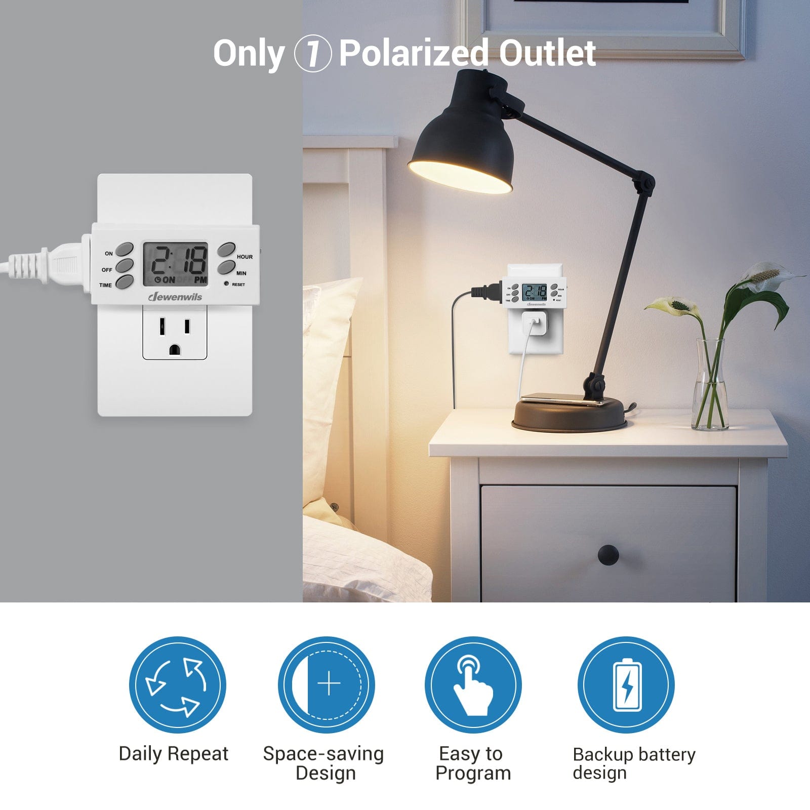 DEWENWILS 24-Hour Programmable Digital Timer Outlet, Plug in Outlet Timer, Indoor Light Timer with 1 Polarized Outlet (2 Pack)--SHDTI22C