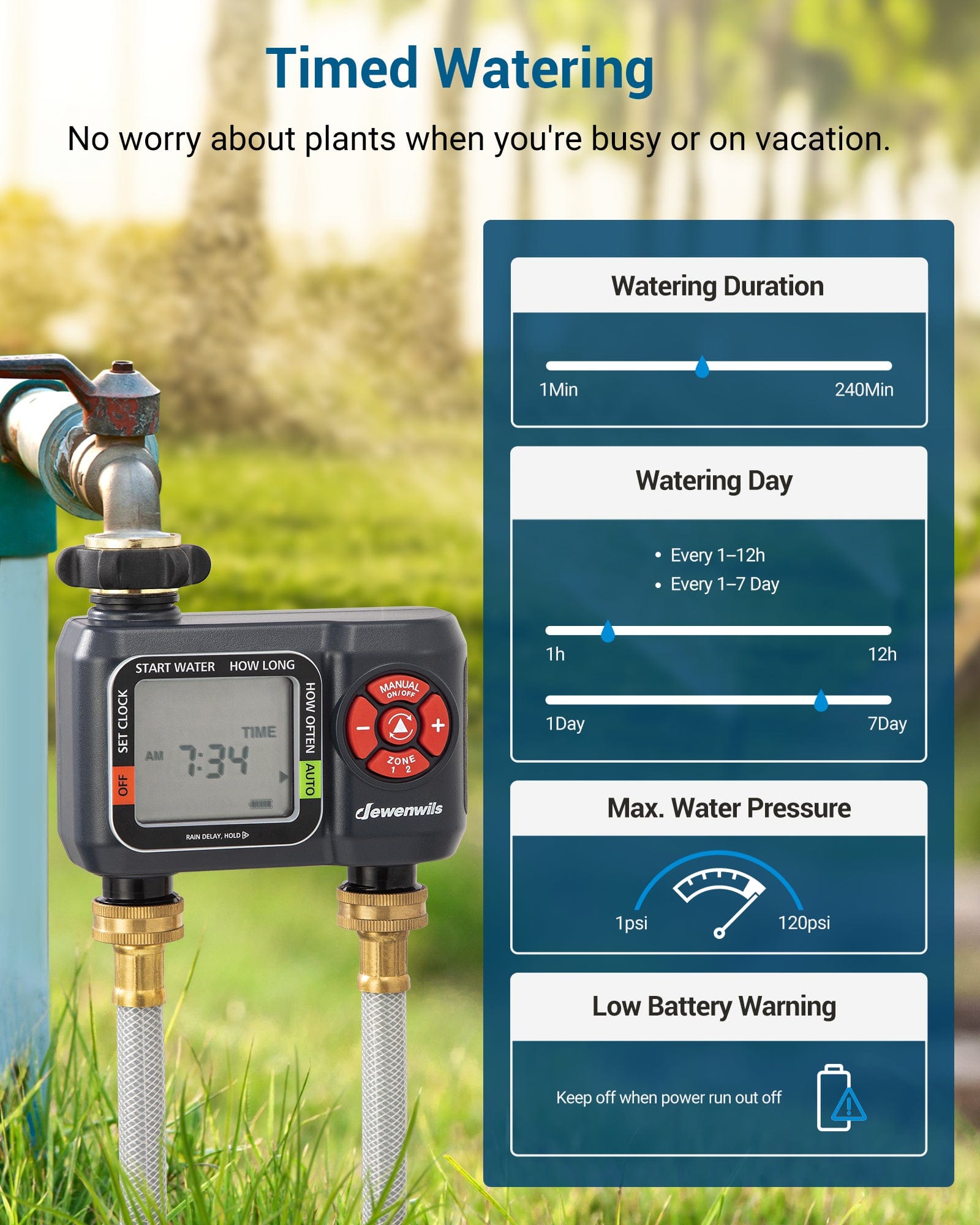 automatic timer for watering plants DEWENWILS Sprinkler Timer 2 Zone, Water Hose Timer with Rain Delay/Manual Watering/Automatic Irrigation Timer, Programmable Outdoor Faucet Timer for