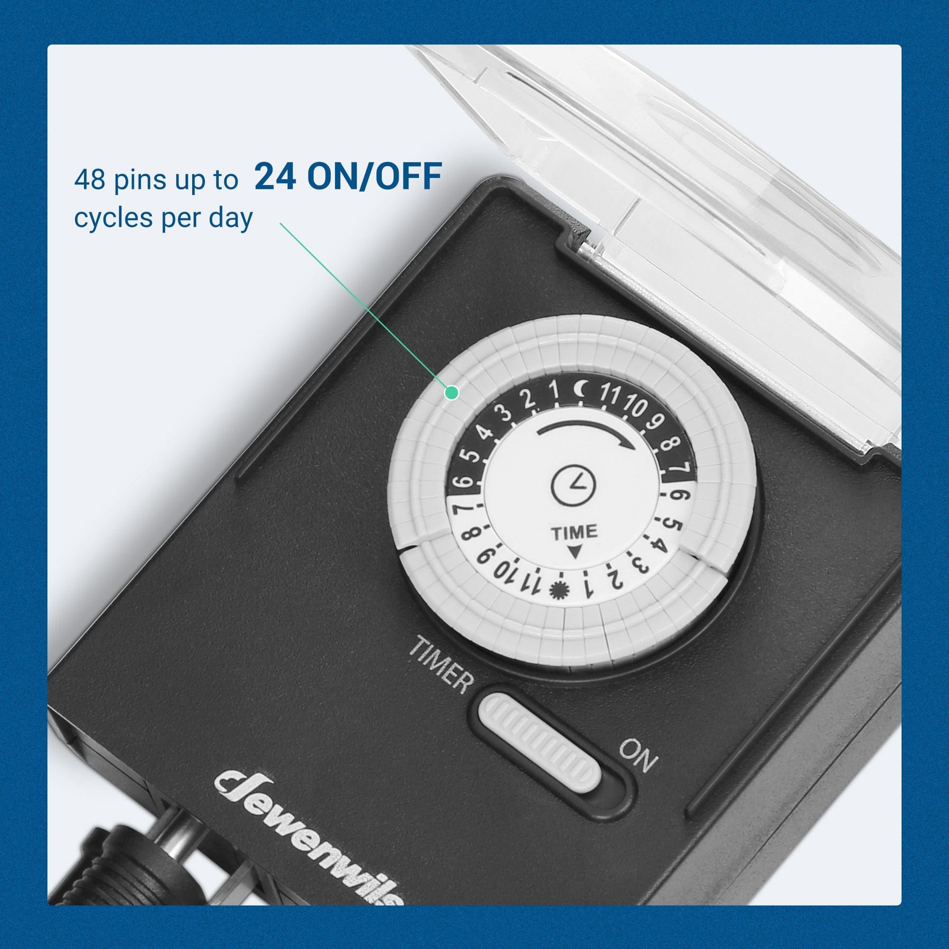 Outdoor Light Timer: Features 48 pins providing up to 24 ON/OFF cycles daily. Each pin represents a 30-minute interval for precise, customizable scheduling.