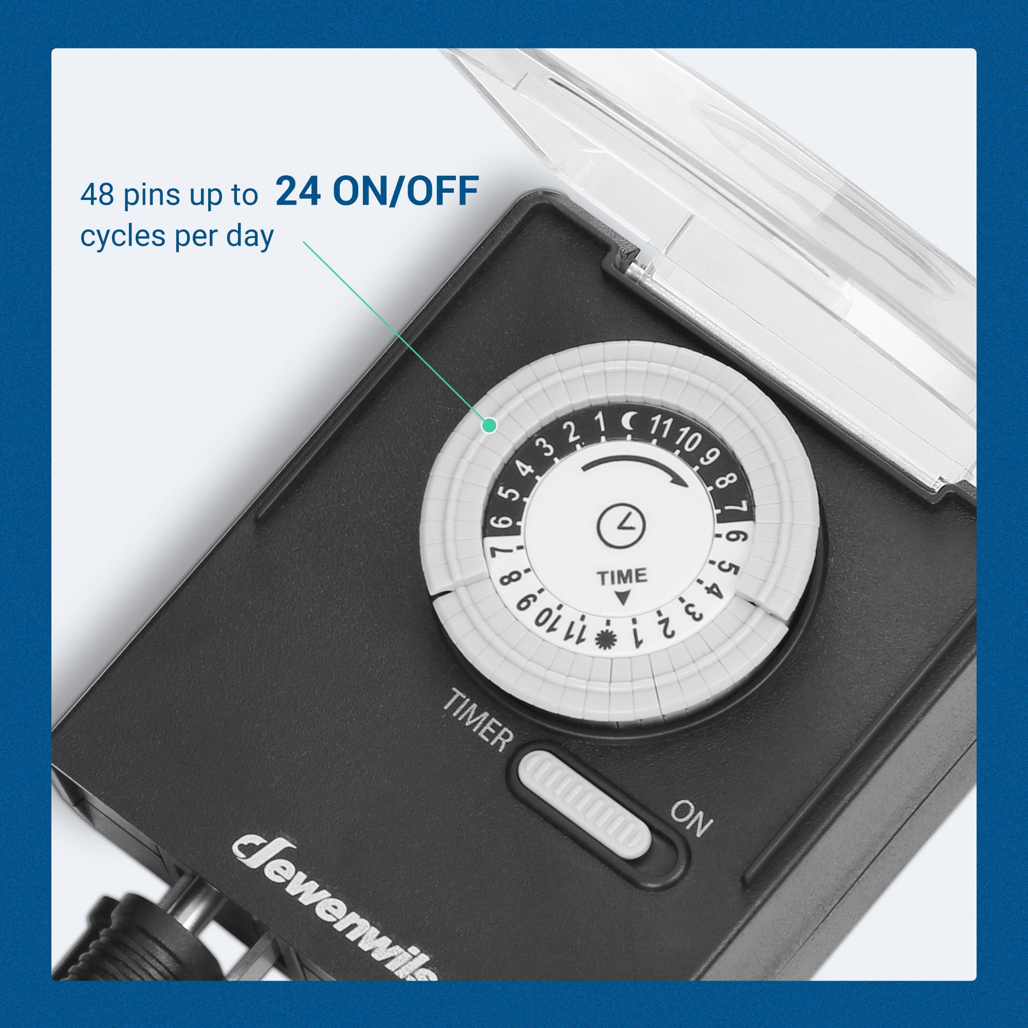 Outdoor Light Timer: Features 48 pins providing up to 24 ON/OFF cycles daily. Each pin represents a 30-minute interval for precise, customizable scheduling.