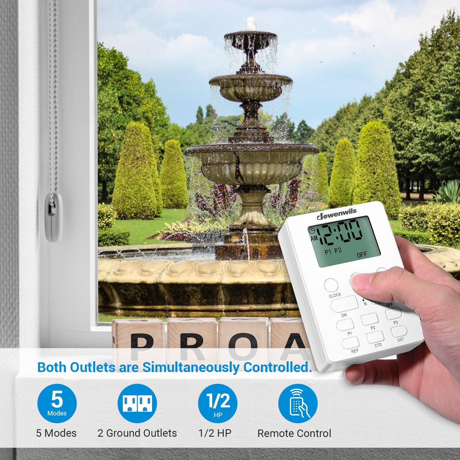 Outdoor Light Timer: Features 5 modes and 2 grounded outlets with simultaneous control. Includes a remote control and 1/2HP rating for heavy-duty outdoor use.
