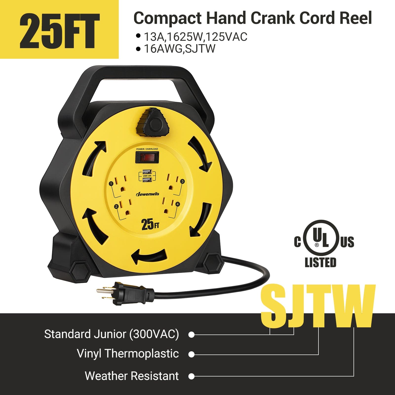 25ft extension cord reel, compact hand crank design, 13A/1625W 125VAC, 16AWG SJTW heavy-duty cord.
