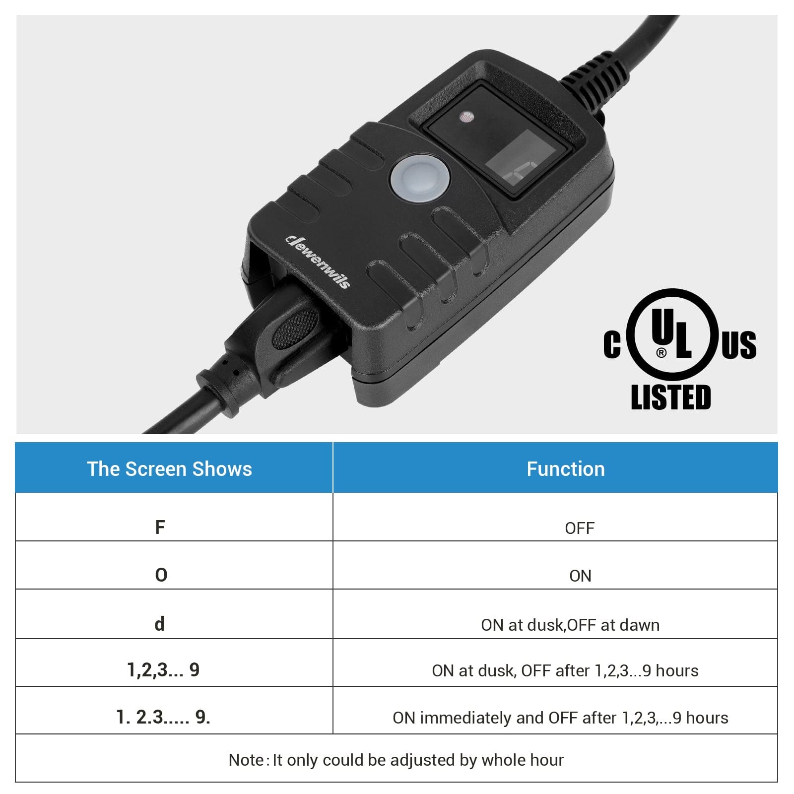 Outdoor Light Timer:It only could be adjusted by whole hour 