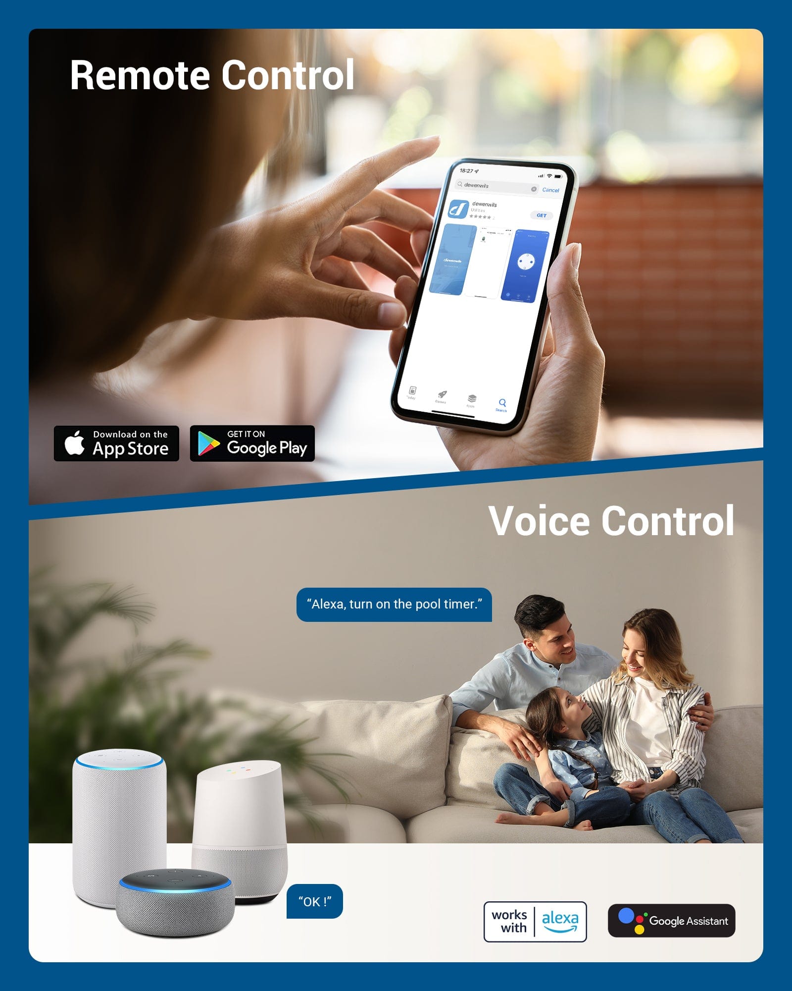 DEWENWILS WiFi Pool Pump Timer: Remote control via Smart Life app and voice commands with Alexa or Google Assistant for seamless heavy-duty automation.