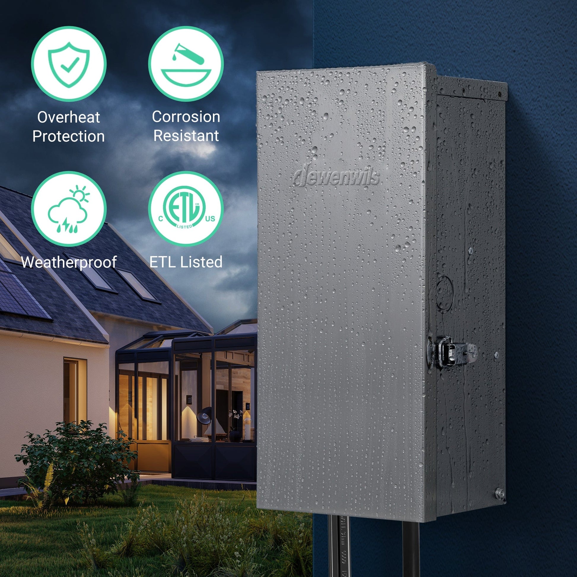 DEWENWILS 200W Low Voltage Transformer with overheat protection, corrosion resistance, weatherproof build, and ETL listing for safe outdoor use