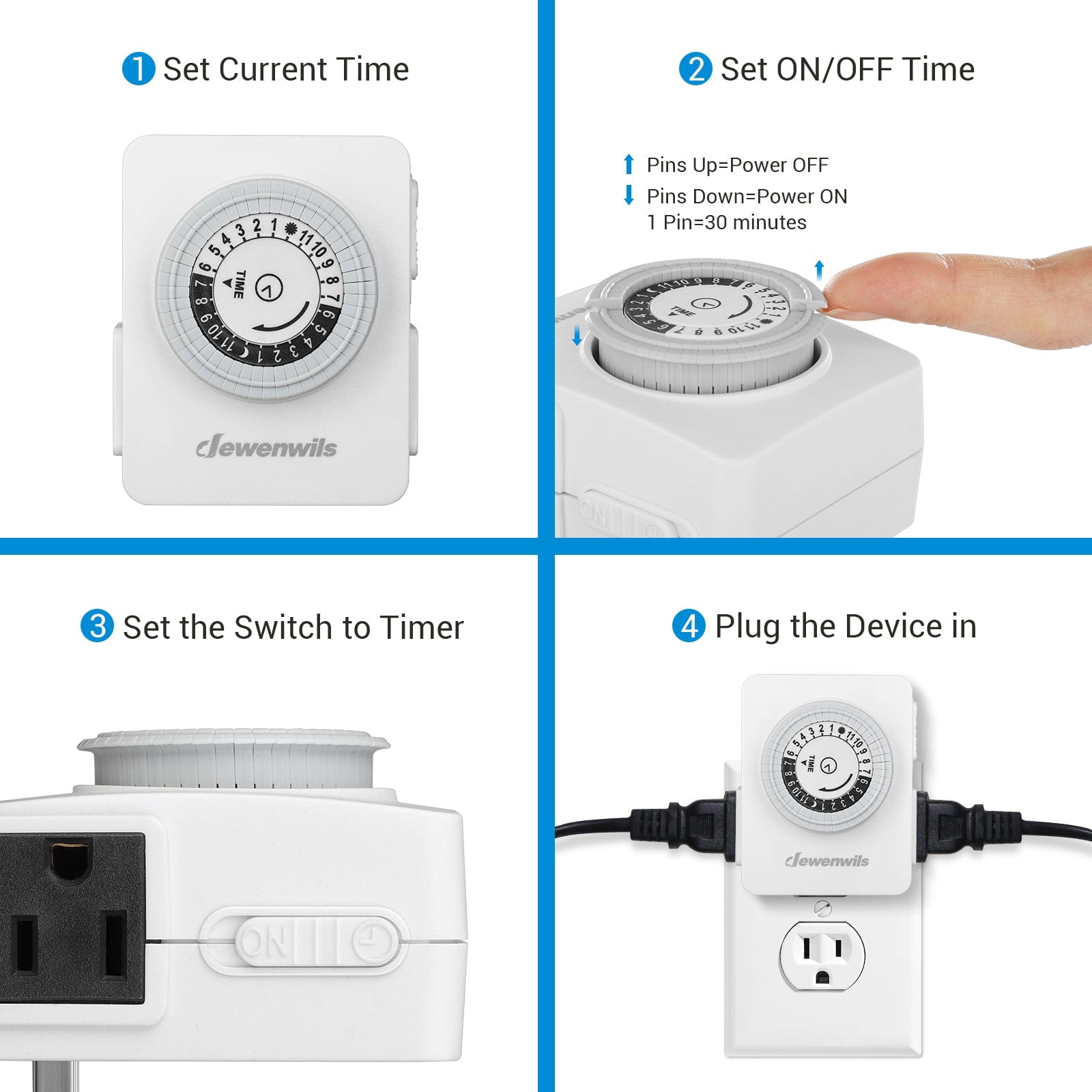 DEWENWILS 24-Hour Indoor Mechanical Timer With 2 Grounded Outlet, Daily On/Off Cycle, Programmable Plug in Timer (2 Pack)-SHIMT12W
