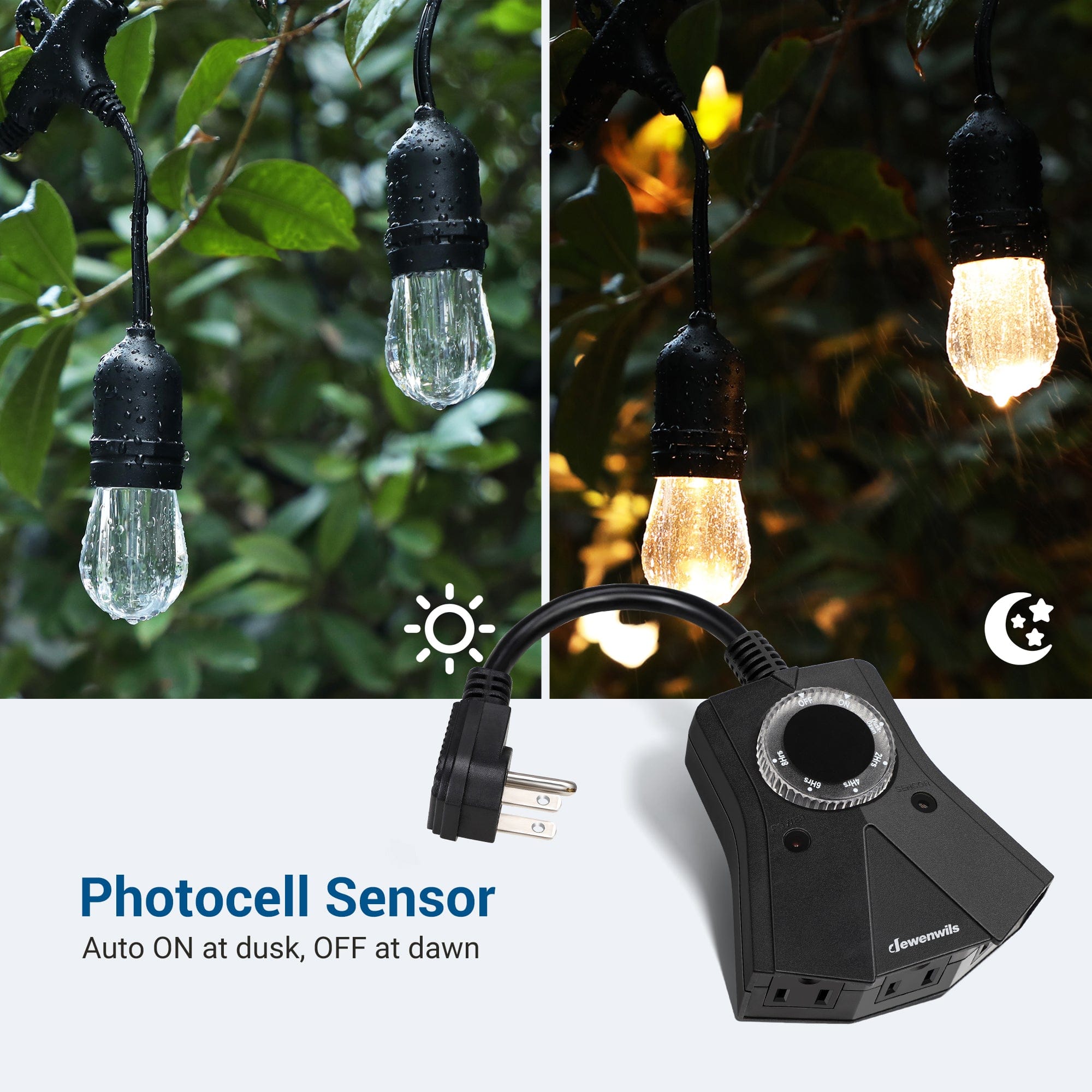 Outdoor Light Timer: Features a photocell sensor for effortless automation. Automatically turns ON at dusk and OFF at dawn for convenient, reliable power control.