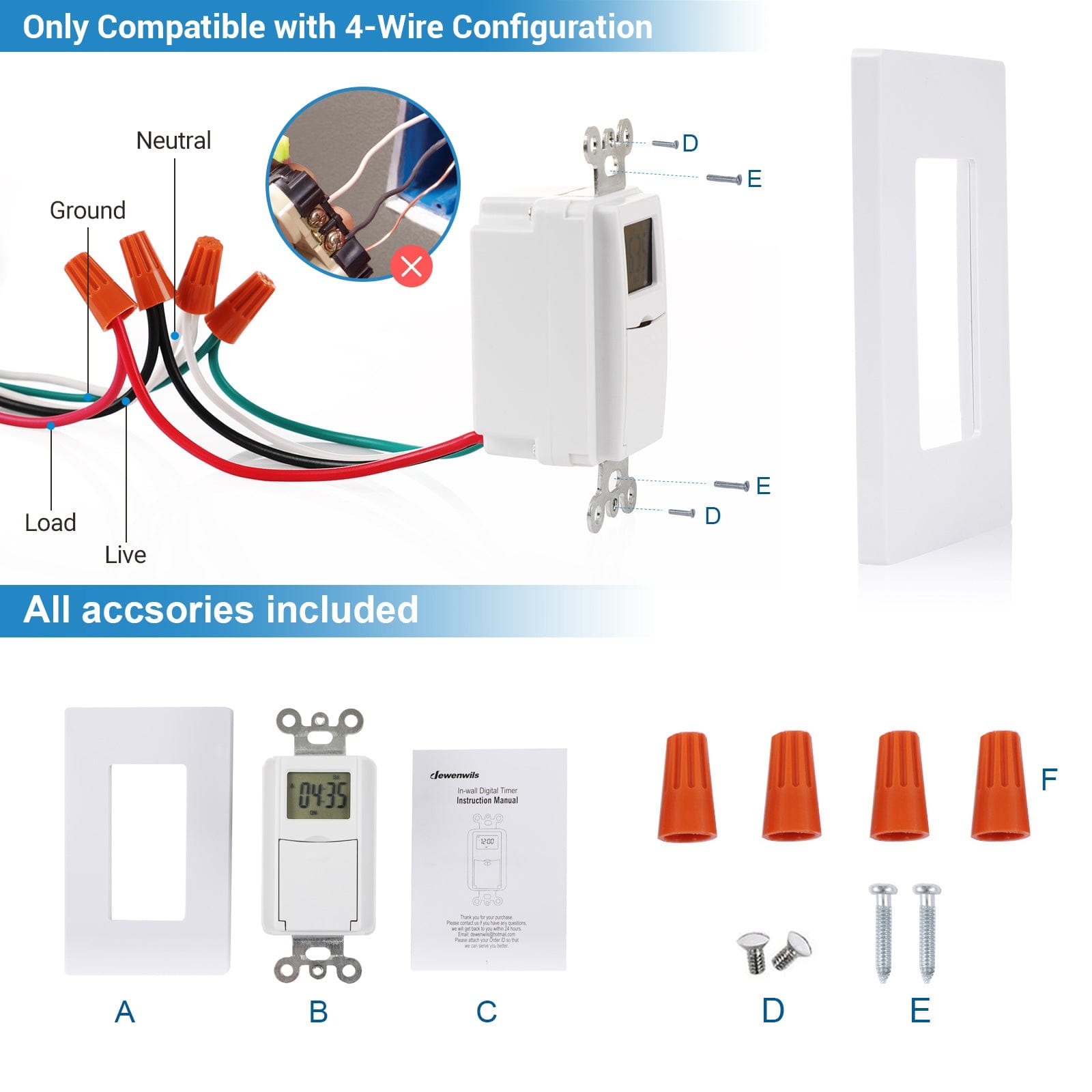 Timer Switch: Compatible with 4-wire configurations only. Includes all necessary accessories and wire caps for a simple, streamlined installation process.
