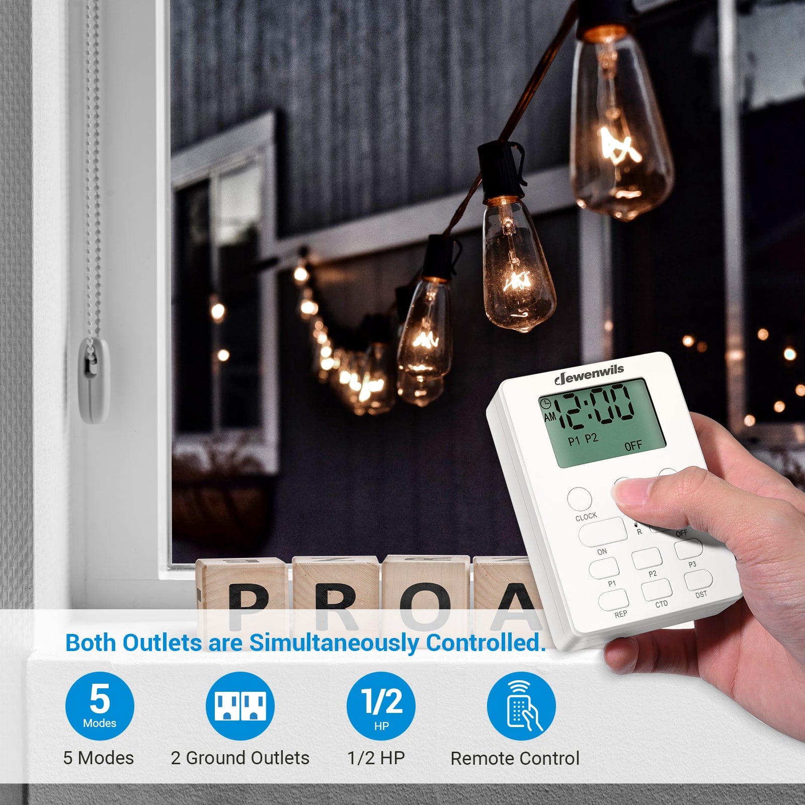 Outdoor Light Timer: Features 2 grounded outlets with simultaneous control. Offers 5 modes, 1/2HP power rating, and a remote control for easy outdoor automation.