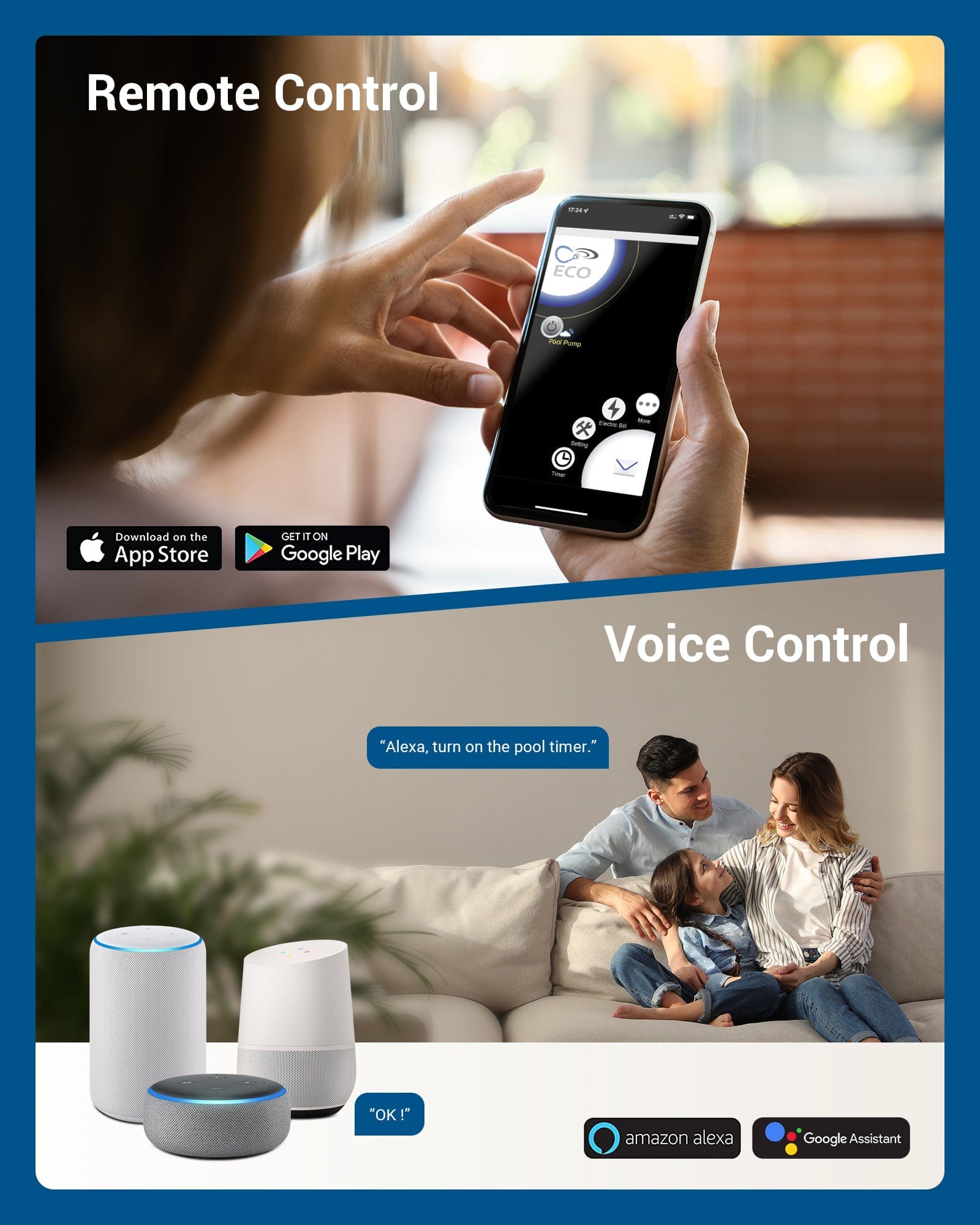 Pool Pump Timer with remote and voice control features, allowing you to manage your pool equipment from anywhere via smartphone or voice commands.