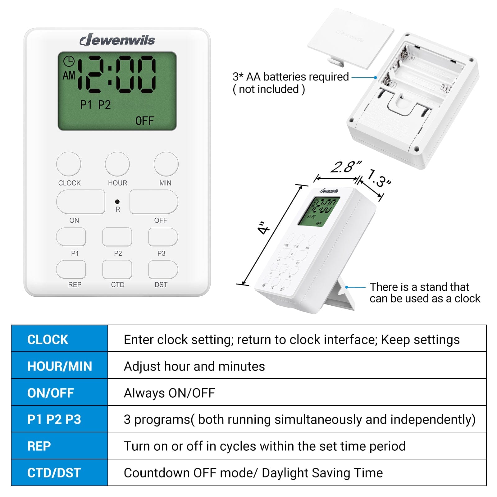 Outdoor Light Timer: Features CLOCK and DST settings with 3 independent programs. Includes repeat cycle modes and countdown OFF for precise outdoor power control.