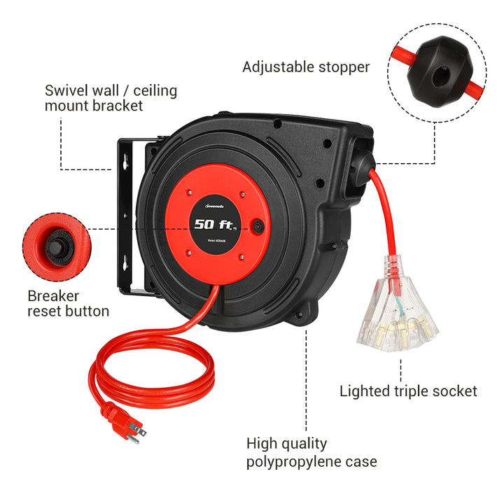 50FT Retractable Extension Cord Reel Wall Mount Electrical 14AWG
