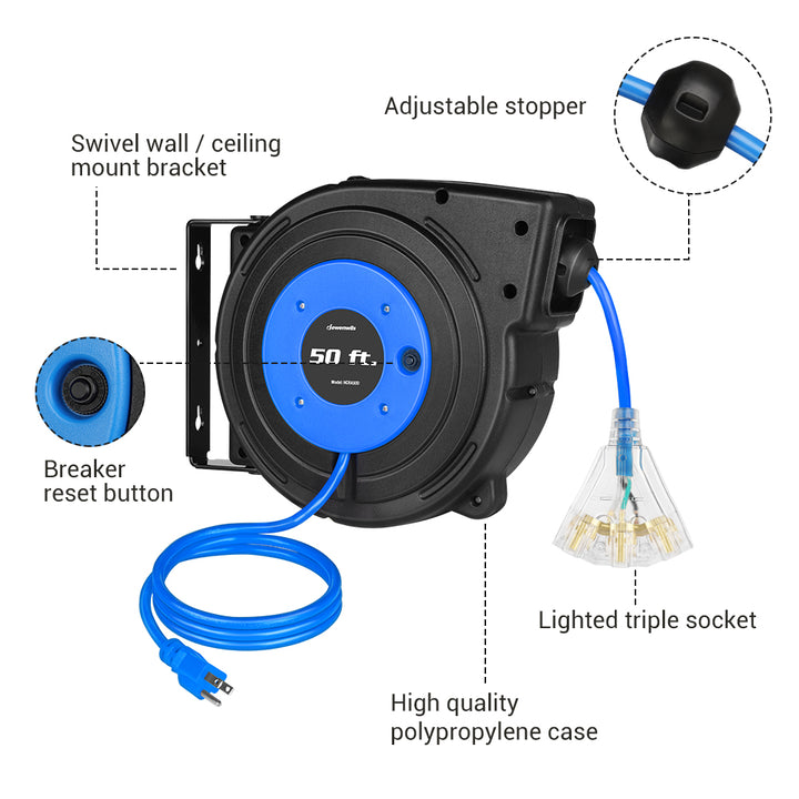 DEWENWILS Retractable Extension Cord, 50ft Electric Cord Reel with 14AWG/3C SJTOW, Blue