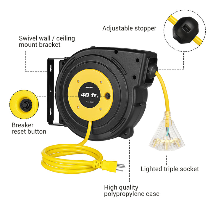 DEWENWILS 40ft Retractable Extension Cord Reel, 12AWG/3C Sjtow Cord, Yellow
