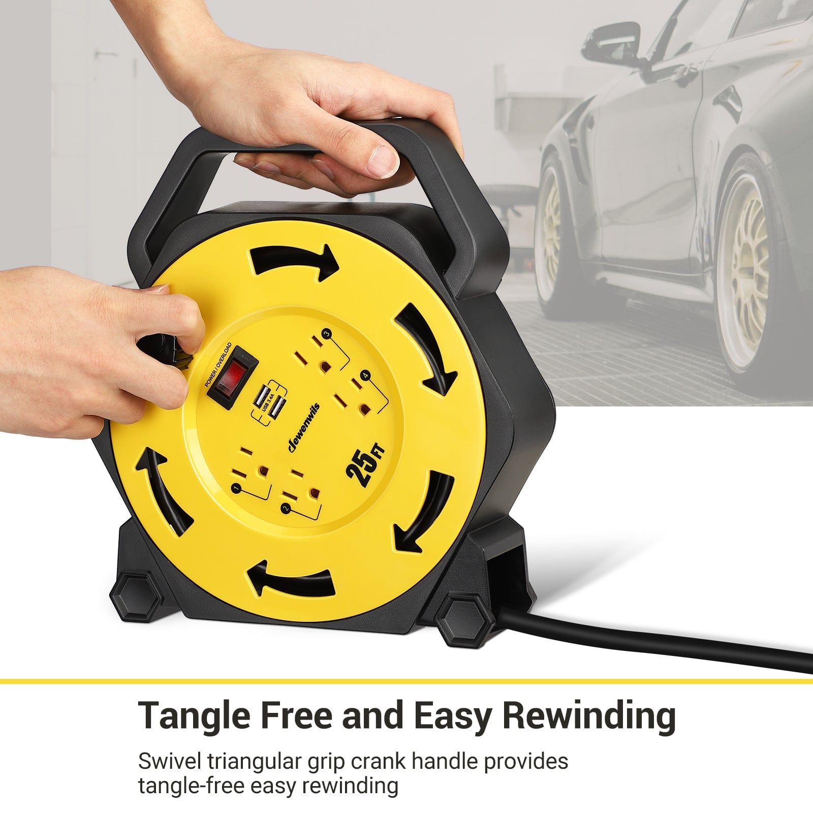 25ft extension cord reel with swivel triangular grip crank handle for tangle-free, easy rewinding.