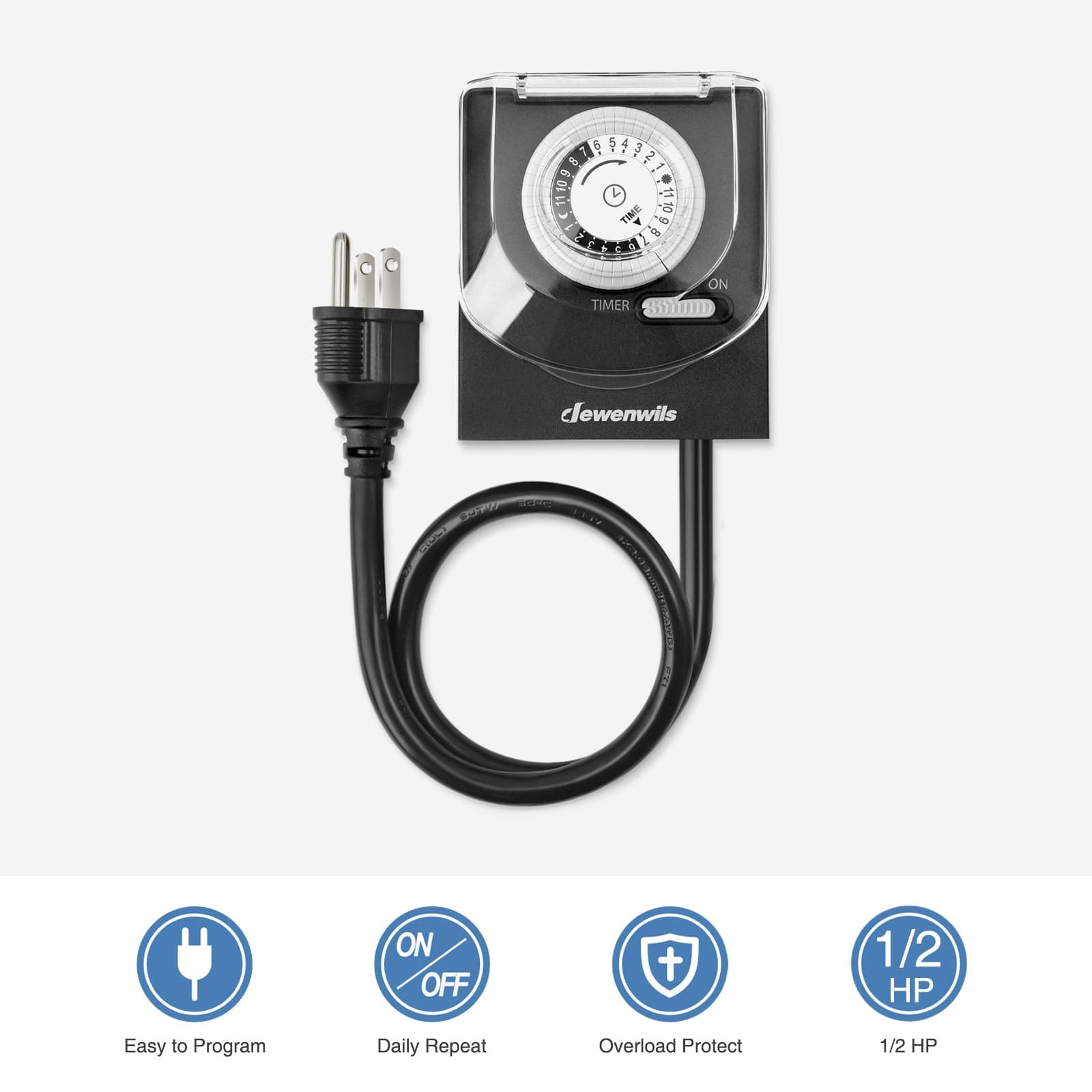 Outdoor Light Timer: Features daily repeat programming and 1/2 HP capacity. Includes overload protection for safety and easy-to-use pins for 24-hour automation.