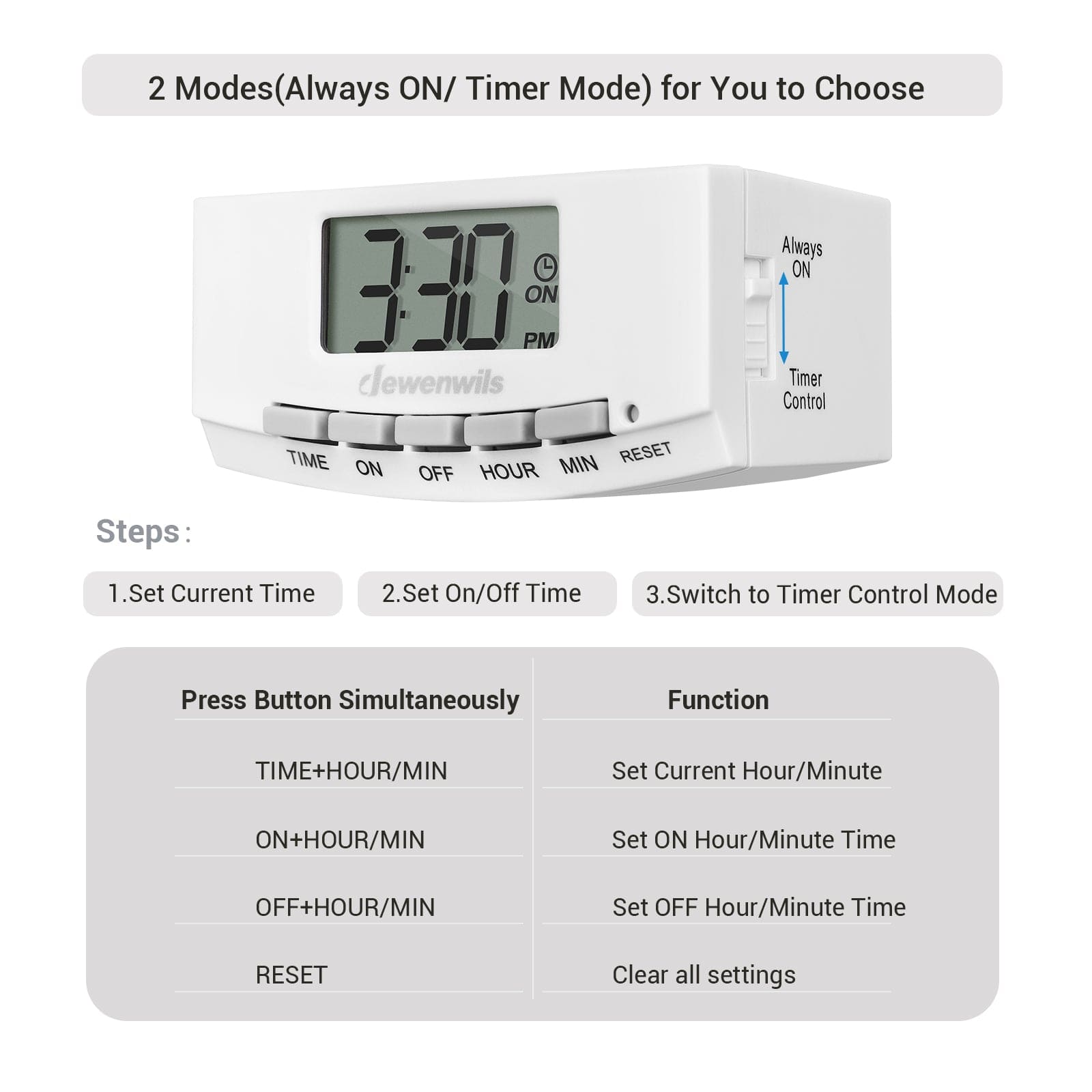Indoor Outlet Timer: Features Always ON and Timer modes for versatile control. Easily switch between constant power and scheduled cycles for ultimate convenience.