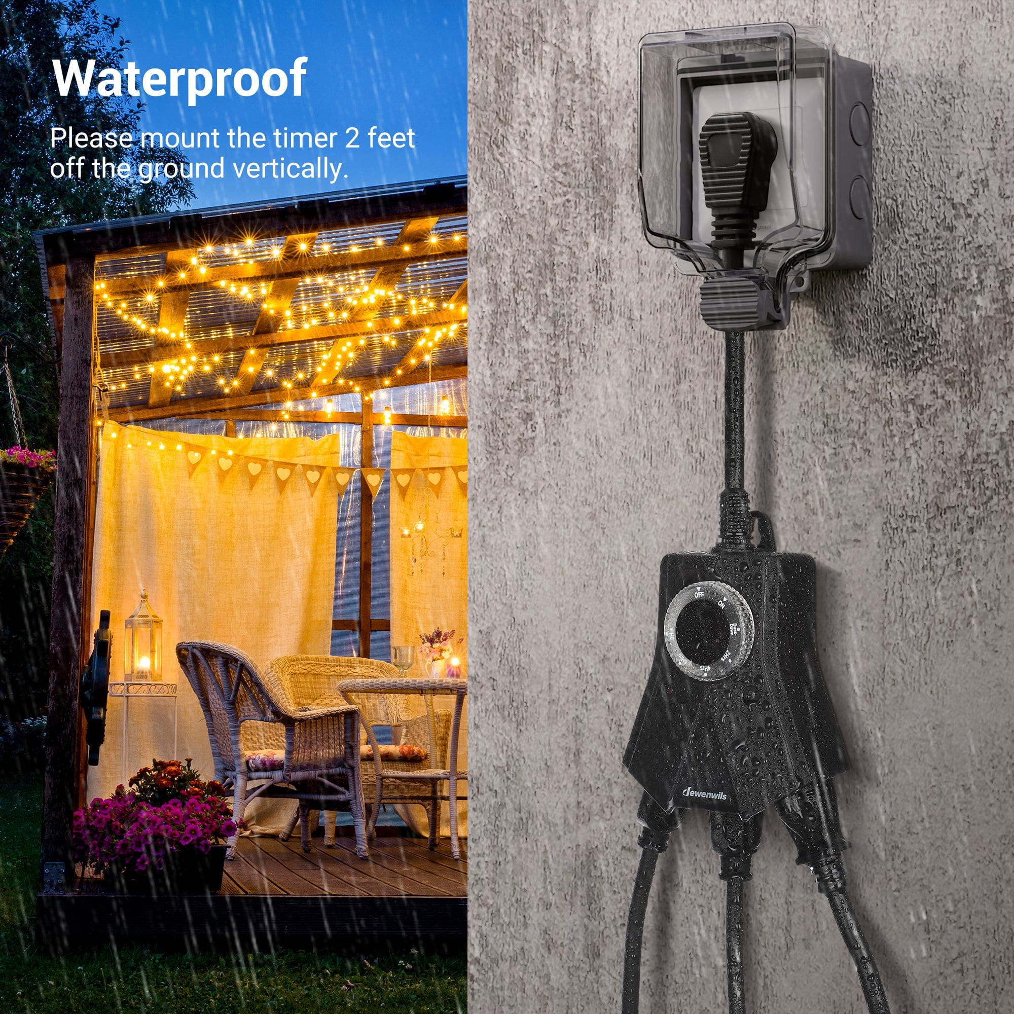 Outdoor Light Timer: Waterproof design requires vertical mounting 2ft above ground. Ensure safe, reliable performance for all your outdoor electrical needs.