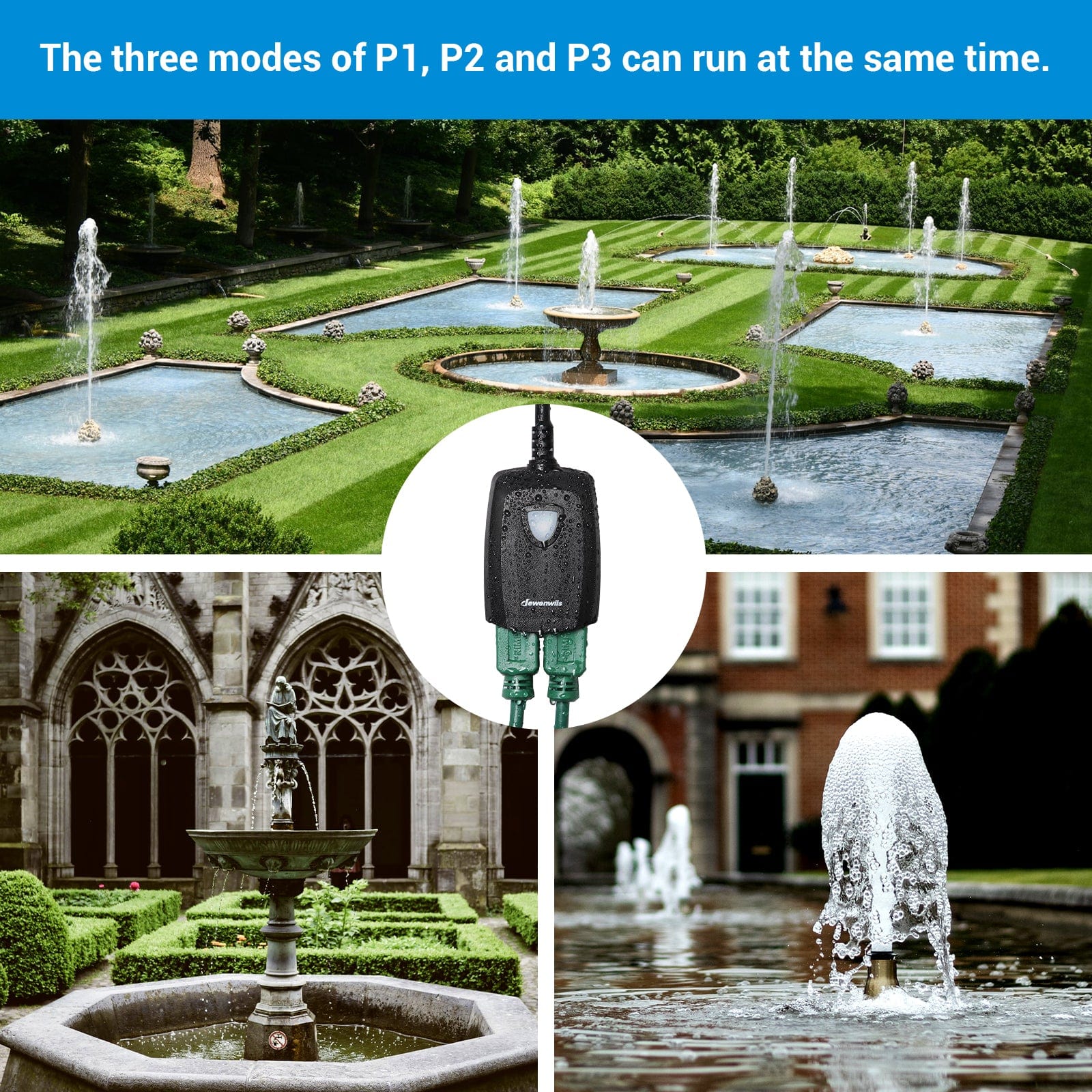 Outdoor Light Timer: Features P1, P2, and P3 modes that can run simultaneously or independently. Offers flexible, multi-program scheduling for outdoor devices.
