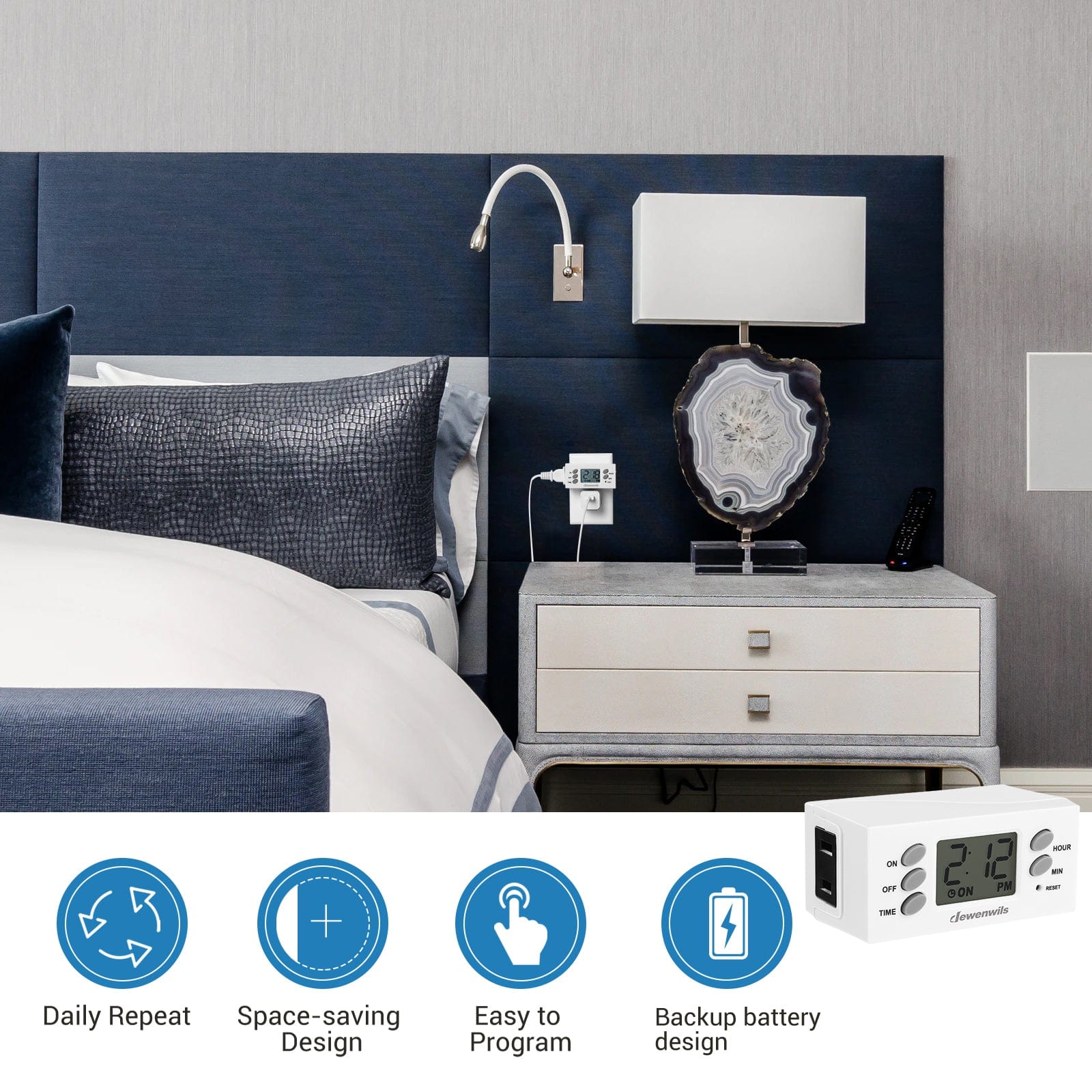 DEWENWILS 24-Hour Programmable Digital Timer Outlet, Plug in Outlet Timer, Indoor Light Timer with 1 Polarized Outlet (2 Pack)--SHDTI22C