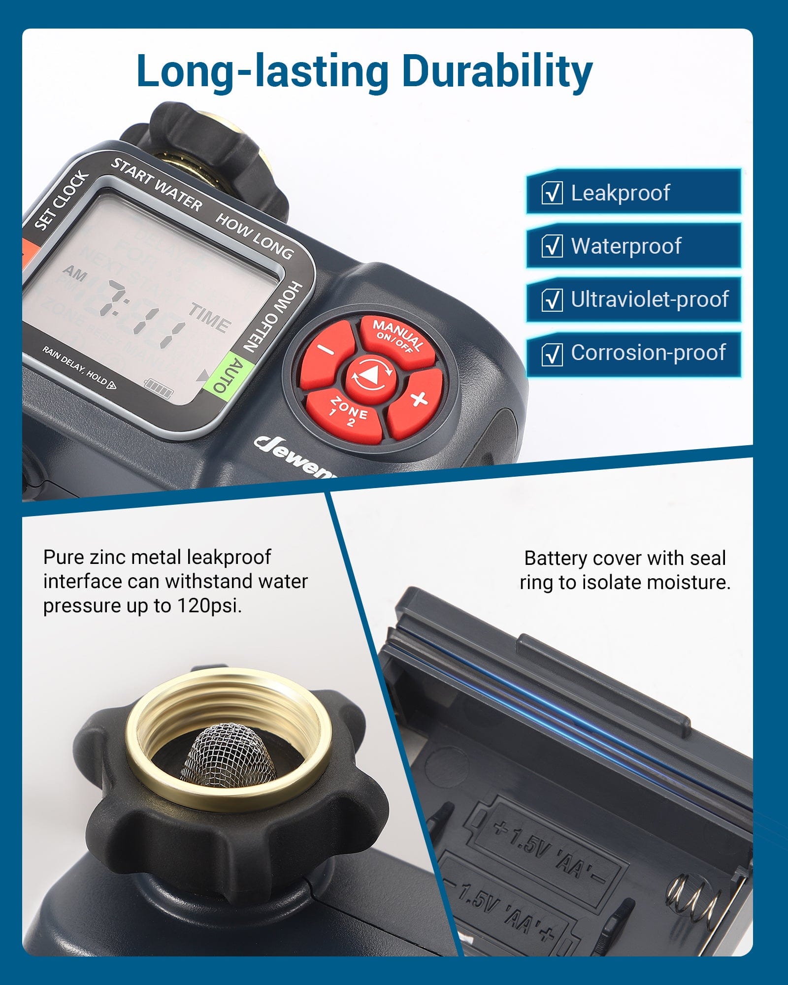 Sprinkler Timer: Long-lasting, leakproof, waterproof, UV- and corrosion-resistant design ensures durable outdoor irrigation.
