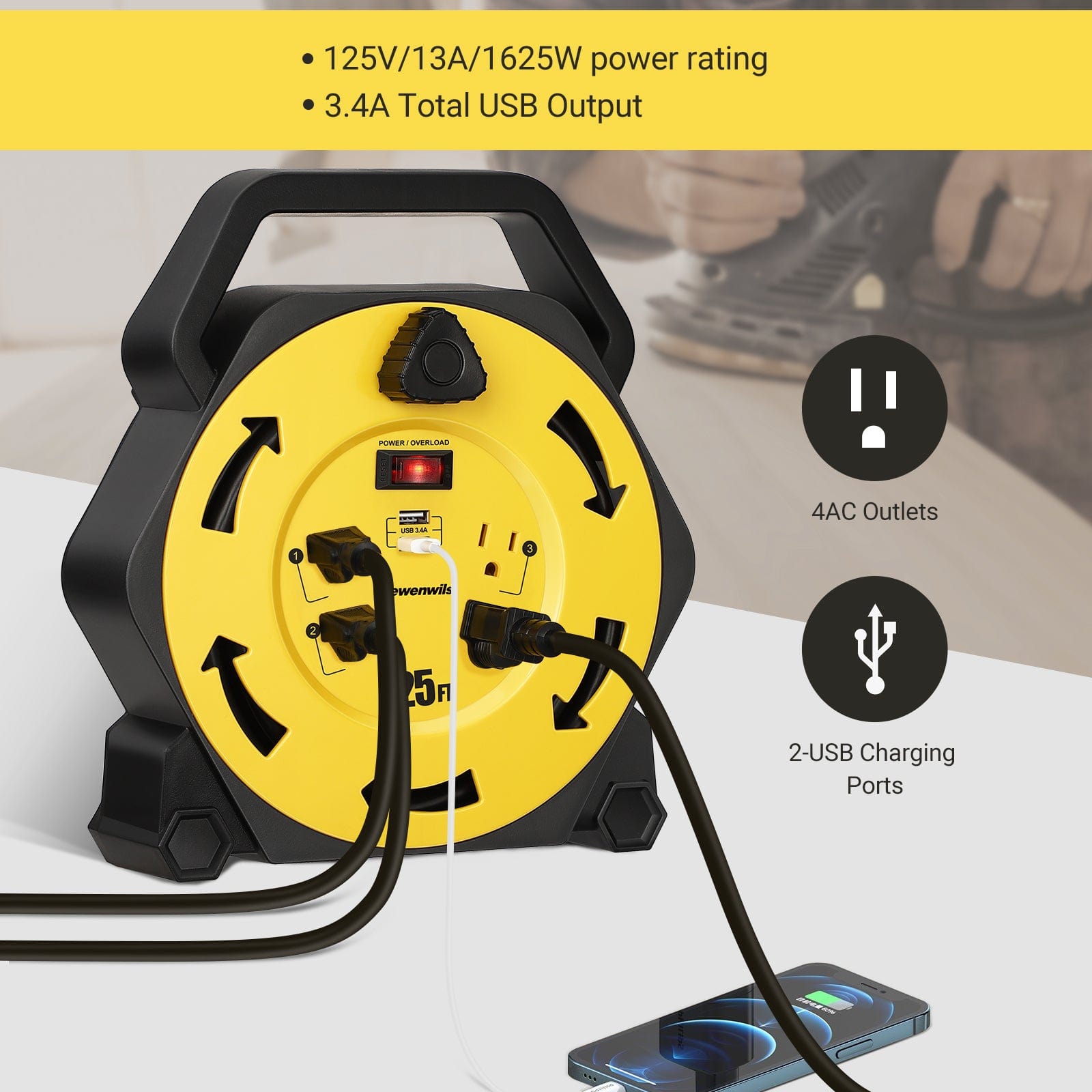 25ft extension cord reel with 4 AC outlets, 2 USB ports (3.4A total), and 125V/13A/1625W power rating.