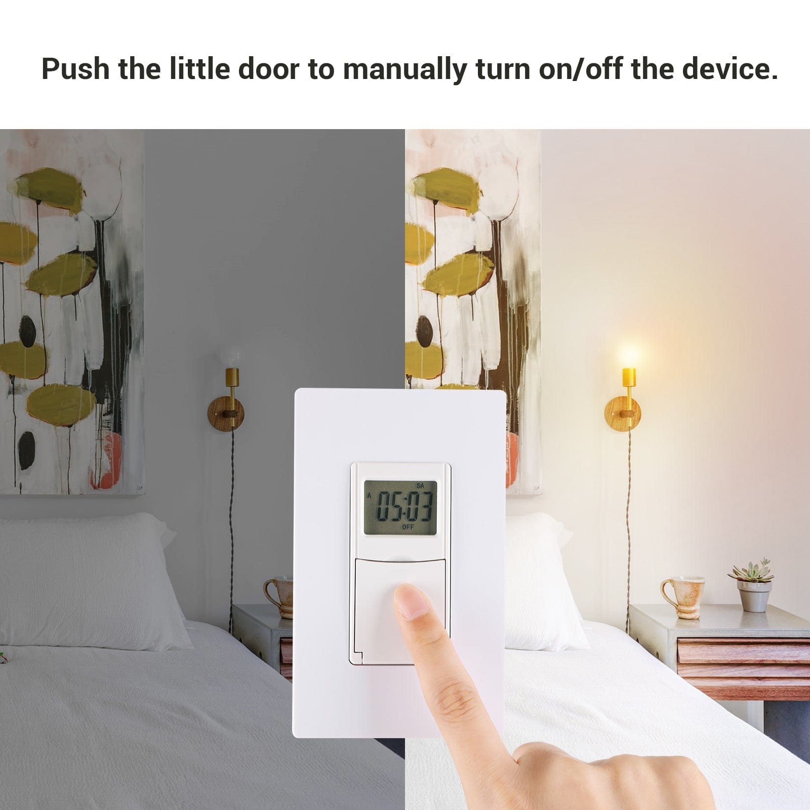 Timer Switch: Features a manual override; simply push the small door to turn your device on or off. Convenient, reliable, and keeps you in full control.