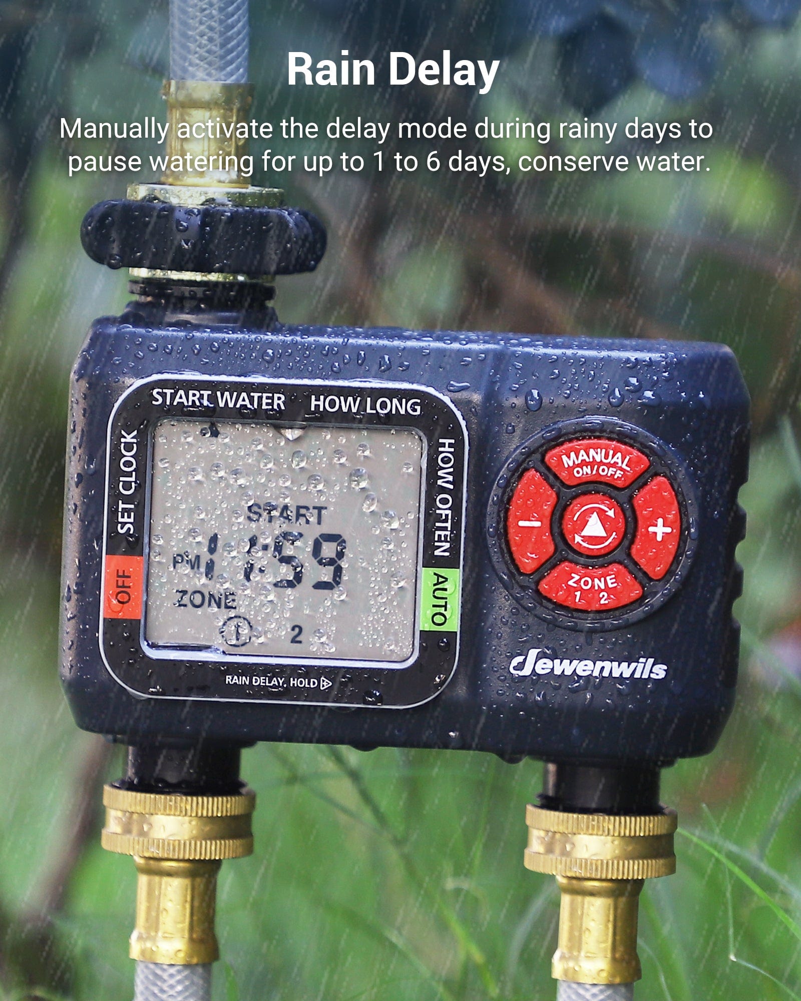 Sprinkler Timer: Rain delay lets you manually pause watering 1–6 days during rainy weather to save water.