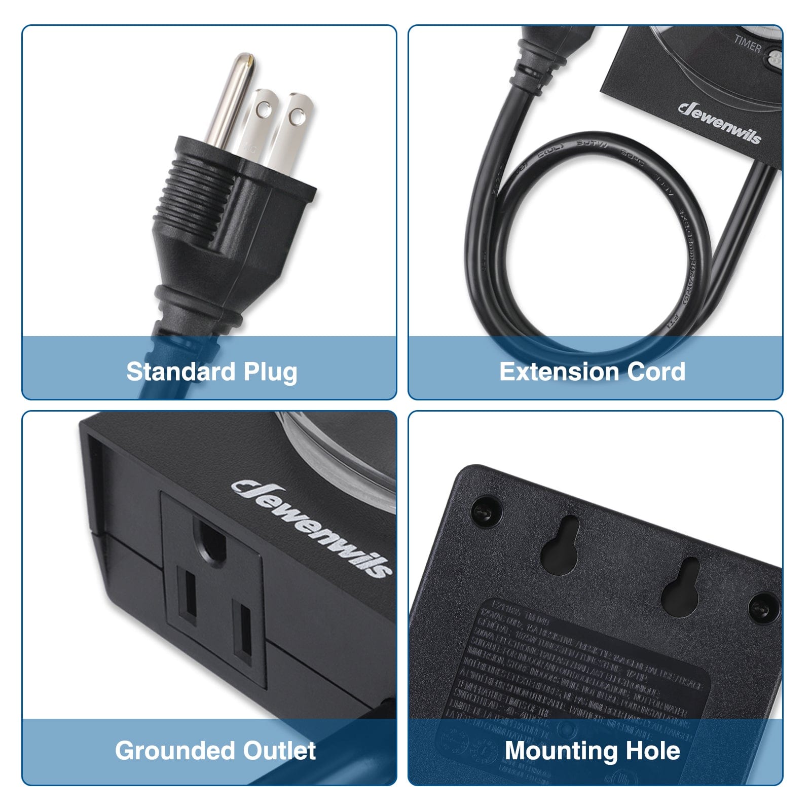 Outdoor Light Timer: Features a standard right-angle plug, 2ft extension cord, and grounded outlet. Includes a mounting hole for easy, secure installation.